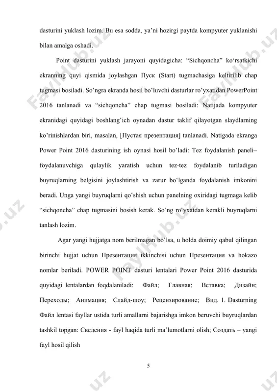 dlarga turli shakl va rasmlar qo‛yish (risovanie) hamda slaydlarni tahrirlashga (redaktirovanie) imkon beradi: 3. dasturning vstavka – qo‛yish, o‛rnatish lentasi slaydlar hosil qilish, jadvallar, shakllar, diagrammalar, havolalar, turli ob’yektli matnlar, izohlar va belgilarni hamda multimedia amallarini (videoyozuv, ovozlarni) slaydlarga qo‛yish uchun zarur bo‛lgan buyruqlardan tashkil topgan: 4. dasturning dizayn – dizayn lentasi yordamida taqdimot mavzusiga mos ko‛rgazmali ko‛rinishlarni tanlash, turli variantlardan foydalanish, slayd o‛lchamini va fonini o‛zgartirish kabi amallarni bajarish mumkin: 5. dasturning perexodi - slaydlarga o‛tish lentasi slaydlarni ekranga turli effektlarda chiqishini ta’minlab, slaydlarni ovoz bilan chiqishi va slaydlarni almashish vaqtini belgilashga imkon beradi: otkrit – mavjud faylni ochish; soxranit – faylni saqlash; soxranit kak – faylni boshqa nomda saqlash; pechat – faylni chop etish; zakrit – dasturni yopish. 2. dasturning glavnaya - bosh lentasi windows buferi bilan ishlash (bufer obmena), slaydalar yaratish (slaydi), slaydlardagi shrift turlari, o‛lchami, ko‛rinishlarini o‛zgartirish (shrift), abzatslar bilan ustida turli amallar bajarish (abzats), slaydlarga …