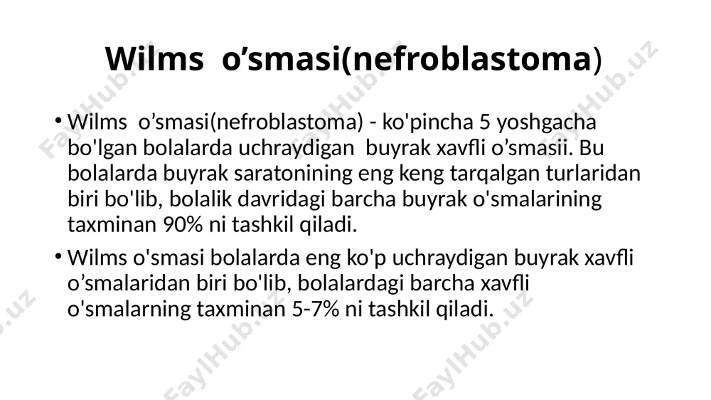 agnostika buyrak ultratovush tekshiruvi: shish paydo bo'lishining mavjudligini aniqlashga yordam beradigan birinchi ko'rish usullaridan biri. kompyuter tomografiyasi (kt) va magnit-rezonans tomografiya (mrt): o'simta darajasini, limfa tugunlarining holatini va mumkin bo'lgan metastazni baholash uchun ishlatiladi. biopsiya: o'simtaning gistologik turini tasdiqlaydi, garchi ba'zi hollarda xarakterli klinik ko'rinish va tasvirlar tufayli biopsiya zarur bo'lmasligi mumkin. mckt -tekshiruv tnm tasnifi wilms o'simtasining tnm tasnifi kasallikning darajasini baholash va davolashni rejalashtirish uchun o'smalarning xalqaro tasnifiga asoslanadi. tnm saratonning uchta asosiy jihatini tavsiflovchi keng qamrovli tizimdir: birlamchi o'simtaning hajmi va darajasi (t), limfa tugunlarining tutilishi (n) va uzoq metastazlarning mavjudligi (m). t1: o'simta buyrak bilan cheklangan va hajmidan oshmaydi. buyrak kapsulasidan tashqarida tarqalish belgilari yo'q. t2: o'simta buyrak bilan cheklangan, ammo uning hajmi t1 dan kattaroqdir. biroq, o'simta hali ham buyrak kapsulasiga o'smaydi. t3: o'simta buyrakni bosib olgan, ammo u qo'shni to'qimalar yoki tomirlar bilan cheklangan. t3a: o'simta perinefrik to'qimalarni yoki kapsulani bosib oladi, lekin boshqa …