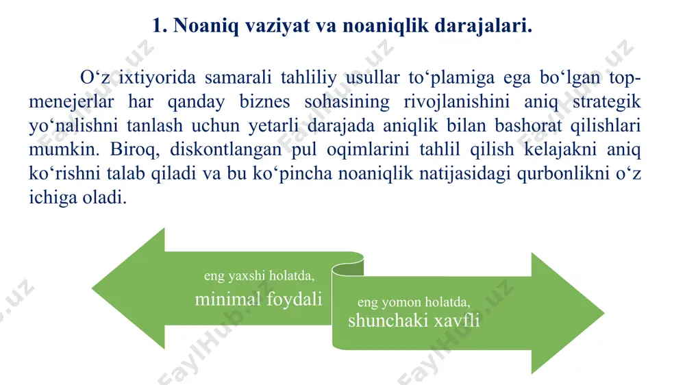 fyucherslar diapazoni* bu darajada, bir qator mumkin bo‘lgan fyucherslar aniqlanishi mumkin. u bir nechta asosiy o‘zgaruvchilar tomonidan aniqlanadi, ammo haqiqiy natija ushbu diapazonning istalgan joyida bo‘lishi mumkin. alohida ssenariylar mavjud bo‘lmaydi va shu bilan birga, ikkinchi darajali sharoitlarda bo‘lgani kabi, agar natijani oldindan aytish mumkin bo‘lsa, strategiyaning ba’zi (yoki barcha) elementlari o‘zgaradi. 4-daraja: to‘liq oldindan aytib bo‘lmaydigan so‘ngi darajada, noaniqlik juda ko‘p o‘lchovli bo‘lib, tegishli muhitning har qanday xususiyatlarini amalda oldindan aytib bo‘lmaydi. na alohida ssenariylarni, na mumkin bo‘lgan natijalar doirasini, na kelajakka bog‘liq bo‘lgan o‘zgaruvchilarni (va ba’zan ularni aniqlashning iloji bo‘lmasa ham) aniqlab bo‘lmaydi. *diapazon [yun. dia pason (chordon) — barcha (torlar) boʻylab] — biror narsaning koʻlami; isteʼdod, bilim, taʼlimot, tafakkur, faoliyat darajasi, qamrovi koʻrsatkichi. 2. noaniq sharoitlarda strategiyalar va harakatlar. noaniqlik sharoitida kompaniya uchta strategik pozitsiya (shakllantiruvchi, moslashuvchi va o‘yinda ishtirok etish huquqini saqlab qolish)dan birini egallashi va tanlangan strategiyani amalga oshirish uchun uchta turdagi harakatlar (yuqori stavkalar, …