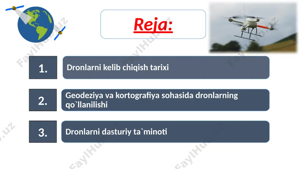 chuvchisiz raketa kettering beetle sanaladi. uchish uchun birinchi uchuvchisiz radio boshqariladigan uchish apparati queen bee deb nomlangan va undan ilk bor foydalanishgan. 2017 yil 31 mayda o‘zbekiston respublikasi prezidentining farmoni yerlarni muhofaza qilish va ulardan oqilona foydalanish borasida nazoratni kuchaytirish, geodeziya va kartografiya faoliyatini takomillashtirish, davlat kadastrlari yuritishni tartibga solish chora-tadbirlari to‘g‘risida farmoni qabul qilindi. 8 insonsiz boshqariluvchi texnologiyalar uzoq vaqt davomida mavjud bo‘lgan. dastlab ular harbiy amaliyotlarda qo‘llanilgan, murakkab va qimmatbaho komplekslar edi. biroq, oxirgi o‘n yillikda bu sohada haqiqiy yutuqlar ko‘zga tashlanmoqda, shuningdek, kompьyuter tizimlarini rivojlanishi, sun'iy yo‘ldosh navigatsiya (gps/glonass) tizimlarini ishlab chiqilishi va eng muhimi, bu texnologiyalarning barcha sohada juda qulay imkoniyatni yaratishidir. hozirda zamonaviy uchuvchisiz uchish apparatlari qishloq xo‘jaligini rivojlantirishda ham keng qo‘llanilmoqda. bundan tashqari prezidentimizning toshkent viloyatidagi yig‘ilishida (100 ga maydon). hozirda o‘zbekiston hududida rivojlangan mamlakatlarda ishlab chiqarilgan zamonaviy uchuvchisiz uchish apparatlaridan foydalanishni targ‘ib etishda, o‘zbekiston respublikasi “davergeodezkadastr” qo‘mitasi tizimida “geoinformkadastr” davlat unitar korxonasi tomonidan …