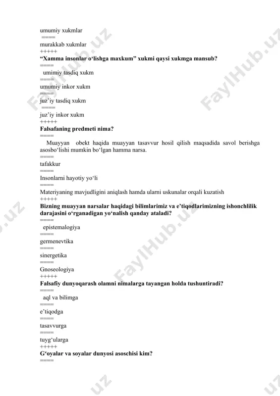 .kant qaysi falsafaning asoschisi xisoblanadi? ==== nemis klassik falsafasi ==== rayional falsafa ==== falsafiy irrosionalizm ==== ingliz falsafasi +++++ soxta bilimdan haqiqiy bilimni ajratishga harakat qiluvchi falsafiy yo‘nalish qaysi? ==== pozitivizm ==== neopozitivizm ==== pragmatizm ==== strukturalizm +++++ abu nasr farobiyning jamiyat haqidagi qarashlari qaysi asarida ifodalangan? ==== fozil odamlar shahri ==== xindiston ==== mineralogiya ==== geodeziya +++++ falsafaning bilish bilan shug‘ullanadigan yo‘nalishi qanday ataladi? ==== gnoseologiya ==== germenevtika ==== ontologiya ==== pragmatizm +++++ fales, anaksimandr, anaksimen qaysi falsafiy maktab a’zolari edi? ==== milet ==== eley ==== pifagor ==== prepatitik +++++ yangi davrda falsafa nimadan uzil-kesil ajraldi? ==== sxolastika va dindan ==== fandan ==== tabiatdan ==== dindan +++++ ontologiya atamasi falsafada nechanchi asrdan boshlab qo‘llanilmoqda? ==== xvii asrdan ==== xx asrdan ==== xvi asrdan ==== xviii asrdan +++++ forobiy bilishning qanday turlarini farqlaydi? ==== aqliy va ijtimoiy bilish ==== hissiy va oqilona bilish ==== ilmiy va tabiiy bilish ==== farqlamaydi …