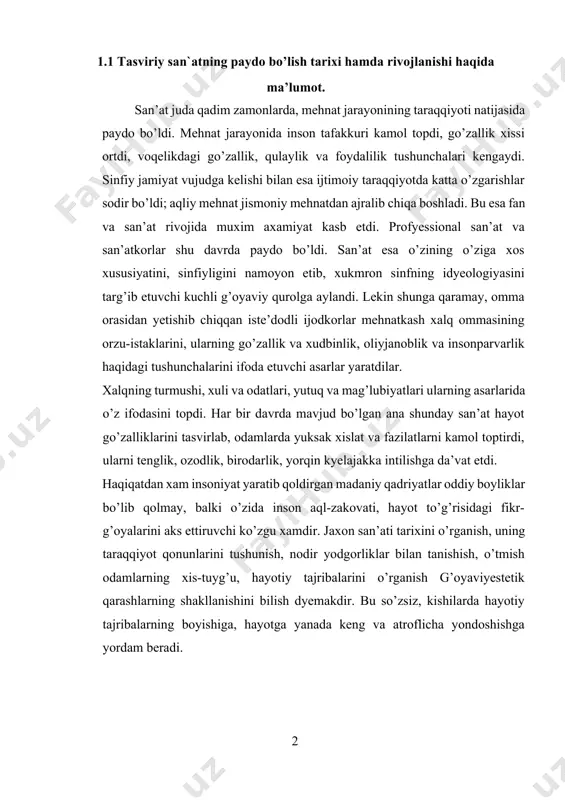 mehnat jismoniy mehnatdan ajralib chiqa boshladi. bu esa fan va san’at rivojida muxim axamiyat kasb etdi. profyessional san’at va san’atkorlar shu davrda paydo bo’ldi. san’at esa o’zining o’ziga xos xususiyatini, sinfiyligini namoyon etib, xukmron sinfning idyeologiyasini targ’ib etuvchi kuchli g’oyaviy qurolga aylandi. lekin shunga qaramay, omma orasidan yetishib chiqqan iste’dodli ijodkorlar mehnatkash xalq ommasining orzu-istaklarini, ularning go’zallik va xudbinlik, oliyjanoblik va insonparvarlik haqidagi tushunchalarini ifoda etuvchi asarlar yaratdilar. xalqning turmushi, xulі va odatlari, yutuq va mag’lubiyatlari ularning asarlarida o’z ifodasini topdi. har bir davrda mavjud bo’lgan ana shunday san’at hayot go’zalliklarini tasvirlab, odamlarda yuksak xislat va fazilatlarni kamol toptirdi, ularni tenglik, ozodlik, birodarlik, yorqin kyelajakka intilishga da’vat etdi. haqiqatdan xam insoniyat yaratib qoldirgan madaniy qadriyatlar oddiy boyliklar bo’lib qolmay, balki o’zida inson aql-zakovati, hayot to’g’risidagi fikr-g’oyalarini aks ettiruvchi ko’zgu xamdir. jaxon san’ati tarixini o’rganish, uning taraqqiyot qonunlarini tushunish, nodir yodgorliklar bilan tanishish, o’tmish odamlarning xis-tuyg’u, hayotiy tajribalarini o’rganish g’oyaviyestetik qarashlarning …