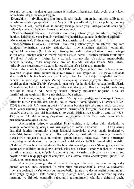 ariyalardan kelib chiquvchi umumiy xulosalar hamda alohida olingan. g‘oyalarning rivojlanishi orqali uning iqtisodiy va ijtimoiy siyosatni shakllantirishdagi ahamiyatini ko‘rsatib o‘tishimiz lozim1. 2.g‘oyalar ta’limoti tarixi. taniqli iqtisodchi olim j.k.gelbreyt: «amalda iqtisodiy g‘oyalar o‘z davri va vujudga kelish joyining mahsuli bo‘lib, ular bilan chambarchas bog‘langandir.bu g‘oyalarni ular tushuntirib berayotgan dunyodan mustaqil ravishda ajratib qarash mumkin emas; bu dunyo esa doimo o‘zgarishda bo‘ladi, agar bu g‘oyalar o‘z maqsadlariga to‘la javob berishni ko‘zlasalar, doimo shunga mos ravishda o‘zgarib turishlari kerak», deb yozgan edi. kapitalistik bozor munosabatlari davrida xo‘jalik va ijtimoiy hayotda baynalmilallik (intematsionalizm) kuchayganligi tufayli iqtisodiy fikming rivojlanishi ham yagona jahon jarayoniga aylana boshladi. oqibatda, klassik iqtisodiy maktab asoschilari v. petti, a. smit va d. rikardoning qarashlari qisqa vaqt ichida butun jahonga ma'lum bo‘ldi, vaholanki undan avvalgi ko‘pgina nazariyalar ayrim mamlakatlarda ko‘pchilikka ma’lum bo‘lmasdan «o’lik mol» sifatida yotgan. bizning kamchiliklarimizdan biri bu munozarani yaxshi ko‘rishimizdir. biz murosadan ko‘ra bahsni ko‘proq yaxshi ko‘ramiz. yana bir …