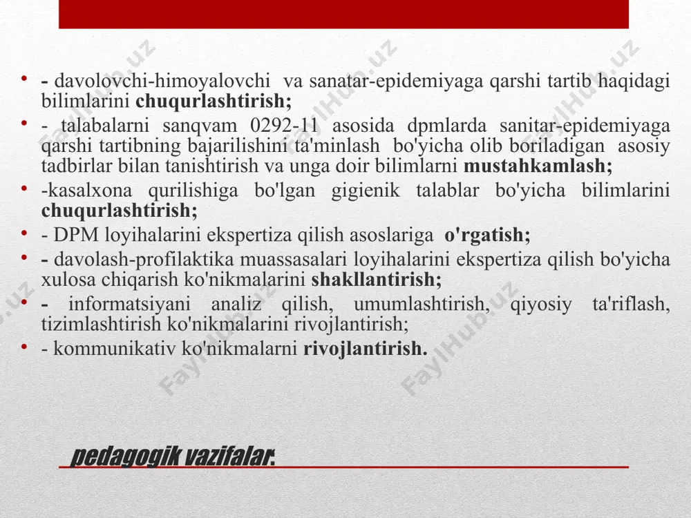tarkibiy qismlari va dpm loyihalarini ekspertiza qilishda qo'llaniladigan shartli belgilar bilan tanishtirish; shamollar guli va masshtab haqida tushunchalar berish. 2.3. quriladigan dpm uchun tushintirish xatini yozishni o'rgatish; bosh reja, situatsion reja, bo'limlar rejasini chizishni o'rgatish; mavzuning har bir qismi bo'yicha xulosa qiladi; eng asosiylariga e'tibor qaratadi va berilayotgan ma'lumotlarni daftarga qayd qilishni talab etadi javob beradilar yozadilar. tinglaydilar. yozadilar. shartli belgilarni daftarlariga chizib oladilar daftarlariga tushun-tirish xatini yozadilar, bosh reja, situatsion reja va bo'lim rejasi-ni chizadilar, 3-bosqich. yakuniy bosqich (15daq) 3.1.mavzu bo'yicha yakun qiladi, qilingan ishlarni kelgusida kasbiy faoliyatlarida ahamiyatga ega ekanligi muhimligiga talabalar e'tiborini qaratadi. 3.2. har bir talabaning ishini (alohida ishtrokchilarni) baholaydilar, o'zaro baholash natijalari bo'yicha xulosa qiladi, o'quv mashg'ulotining maqsadga erishish darajasini tahlil qiladi. 3.3. mustaqil ish uchun topshiriq beradi va uning baholash mezonlarini etkazadi o'z-o'zini, o'zaro baholashni o'tkazadilar. savol beradilar topshiriqni yozadilar nazariy qism o'zbekiston respublikasida ma'lum vazifalar va turli vazifalarni bajaruvchi turli davolash-profilaktika muassasalar mavjud. …