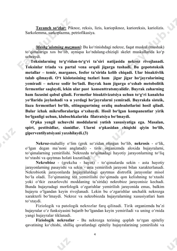 o‘lib, oltingugurtning oraliq mahsulotlarini hosil qiladi. bular ichak mikrofloralariga o‘xshaydi. hosil bo‘lgan kompanentlar yirik bo‘lganligi uchun, klubochkalarida filatratsiya bo‘lmaydi. o‘pka yengil uchuvchi moddalarni yutish xususiyatiga ega. masalan, spirt, pestitsidlar, sianidlar. ularni o‘pkasidan chiqishi qiyin bo‘lib, giperventilyatsiyani yaxshilaydi.(3) nekroz-mahalliy o‘lim (grek so‘zidan olingan bo‘lib, nekrosis - o‘lik, o‘lgan degan ma’noni anglatadi) - tirik organizmda aloxida hujayralarni, to‘qimalarning yemirilishi. nekrozda to‘qimadagi hayotiy jarayonlarning to‘liq to‘xtashi va qaytmas holati kuzatiladi. nekrobioz - (grekcha - hayot) - to‘qimalarda sekin - asta hayotiy jarayonlarning pasayishi va sekin - asta yemirilish jarayoni bilan xarakterlanadi. nekrobiotik jarayonlarda hujayralardagi qaytmas distrofik jarayonlar misol bo‘la oladi. to‘qimaning tez yemirilishi (to‘qimada qon kelishning to‘xtashi yoki o‘tkir zaxarlovchi moddaning ta’sirida) nekrobioz jarayonisiz kechadi. bunda hujayradagi morfologik o‘zgarishlar yemirilish jarayonida emas, balkim hujayra o‘lgandan keyin rivojlanadi. lekin bu o‘zgarishlar unchalik nekrozga xarakterli bo‘lmaydi. nekroz va nekrobiozda hujayralarning xususiyatlari ham to‘xtaydi. fiziologik va patologik nekrozlar farq qilinadi. tirik organizmda ba’zi hujayralar o‘z funksiyasini …