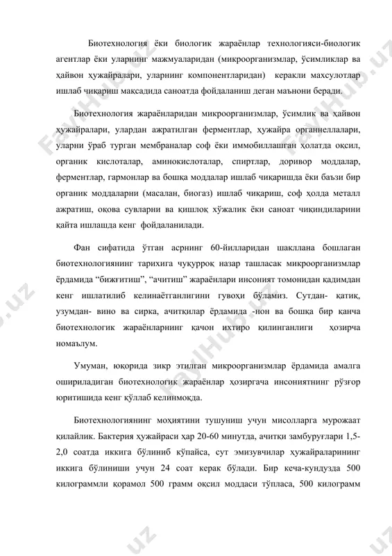 кўпроқ оқсил тўплайди. яна бир мисол: 1 куб метр озиқа муҳитида ачитқи замбуруғлари 24 соатда 30 килограмм оқсил тўплайди, шунча миқдорда оқсил тўплаш учун 18 гектар ерга нўхат экиб, уч ой парвариш қилиш лозим бўлади. қолаверса, микроб етиштириш на об-ҳавога ва на фаслга боғлиқ. уларни энг арзон озиқа муҳитида- ҳар хил чиқиндилар, клетчаткада, метанол, метан гази ва водородда ўстириш мумкин. микроорганизмлар нафақат оқсил, балки турли ферментлар, ёғлар, витаминлар, полисахаридлар ва бошқа бир қатор фойдали махсулотлар синтез қилади. бугунга келиб, замонавий биотехнологик усуллар ген муҳандислиги ёрдамида фармацевтика учун интерферонлар, инсулин, соматотропин, гепатитга қарши вакцина, ферментлар, клиник тадқиқотлар учун диагностик ашёлар (наркомания, гепатит ва бошқа бир қатор юқумли касалликларни аниқлаш учун тест тизимлар, биокимёвий текширишлар учун реактивлар, эгилувчан биологик пластмассалар, антибиотиклар, биоаралашмали бошқа кўплаб махсулотлар) ишлаб чиқарилади. пиво, спирт, кир ювиш воситалари, тўқимачилик ва тери ошлаш каби жарёнларда ишлатиладиган фермент препаратлари ишлаб чиқариш ва қўллаш ҳам кенг йўлга қўйилган. биотехнологиянинг асосий йўналишларини, …