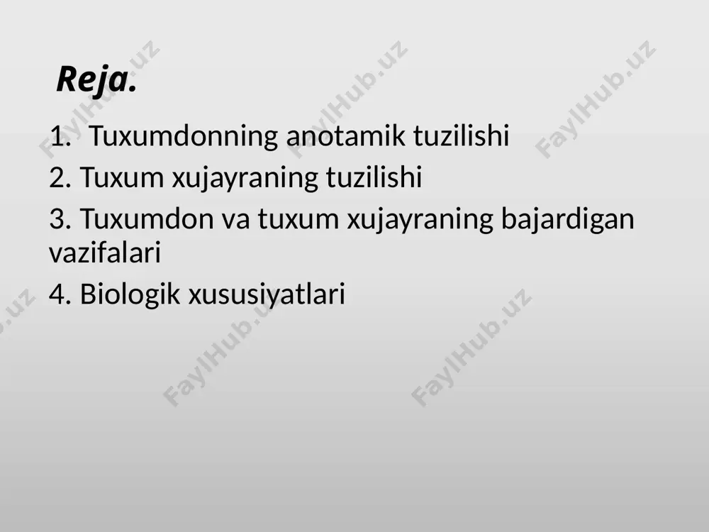 ishi). bo'yalishi: gem-eozin. 1 – yuzaki epiteliy (mezoteliy); 2 – oqsil parda; 3 - po'stloq modda: 3.1 – primordial follikul, 3.2 – birlamchi follikul, 3.3 – ikkilam-chi follikul, 3.4 – uchlamchi , 3.5 – uchlamchi (etilgan ovulyatsiya oldi) follikul – graaf pufakchasi, 3.6 – atretik follikul, 3.7 – sariq tana, 3.8 -po'stloq modda stromasi; 4 - mag'iz modda: 4.1 – siyrak tolali biriktiruvchi to'qima, 4.2 - gilus hujayra, 4.3 - qon tomirlar. tuxum xujayrasi preparatga kichik obyektiv ostidan qaralganda turli darajada yetilgan ko'p sonli tuxum hujayralari ko'rinadi. yetilgan tuxum (ovosit) hujayrasi tuzilishiga ko ' ra, yirik, yumaloq shaklda bo'lib, markazida och binafsha rangli yadrosi yotadi . sitoplazmasida esa ko'p miqdorda mayda donachalar mavjud. hujayra qizil yaltiroq parda (zona pellusida) bilan o'ralgan bo'lib, u tuxum hujayrasining qobig'i hisoblanadi . tuxum hujayrasining atrofida birmuncha mayda, binafsha rangli follikula hujayralar bo'ychan silindrsimon shaklga ega bo'lib, yaltiroq parda ustida yotadi va nursimon tojni (sorona …