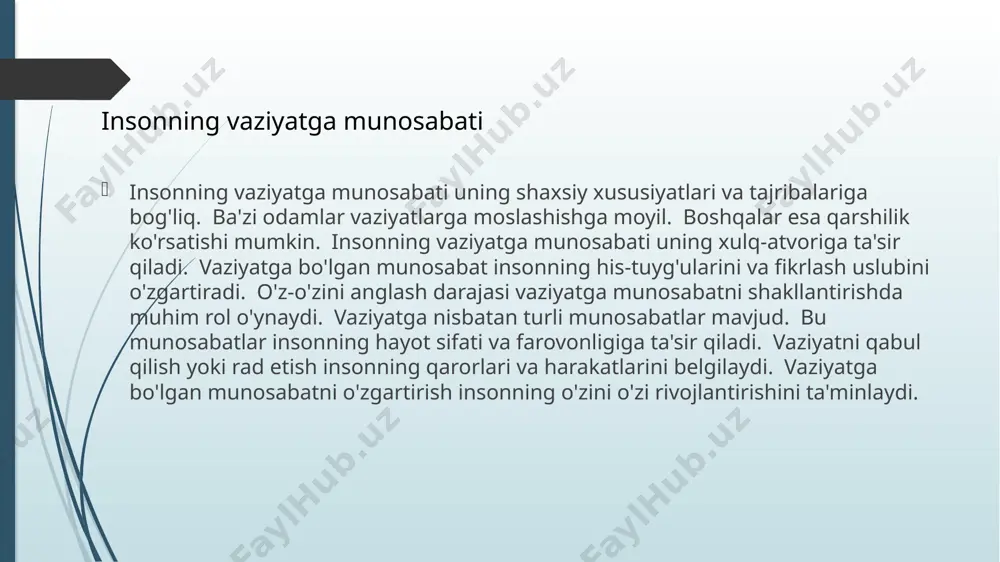 al qilish strategiyasini ishlab chiqishga yordam beradi. prognozlash insonning hayot sifati va farovonligiga ta'sir qiladi. prognozlash kelajakdagi rejalarning aniq va samarali bo'lishiga yordam beradi. vaziyat prognozlash amaliy misollarning tahlili nazariy bilimlarni amalda qo'llash imkonini beradi. turli sohalardagi vaziyatlarni tahlil qilish muhimdir. misol tariqasida, biznesdagi, siyosatdagi va shaxsiy hayotdagi vaziyatlarni ko'rib chiqish mumkin. har bir vaziyatning o'ziga xos xususiyatlari va dinamikasi mavjud. vaziyatlarni tahlil qilish orqali samarali yechimlar topish mumkin. tahlil natijalari asosida yangi strategiya va taktikalar ishlab chiqish mumkin. amaliy misollarning tahlili insonning tajribasini boyitadi. amaliy misollarning tahlili insonning muammolarni hal qilish qobiliyatini oshiradi. amaliy misollarning tahlili insonning hayot sifati va farovonligiga ta'sir qiladi. amaliy misollarning tahlili 1. psixologiya asoslari, a.a. karimov, 2010, o'zbekiston 2. ijtimoiy psixologiya, b.b. alimov, 2015, toshkent 3. inson va jamiyat, m.m. xolmatov, 2012, samarqand 4. boshqaruv psixologiyasi, s.s. saidov, 2018, buxoro 5. vaziyat va xulq, n.n. nazarov, 2020, farg'ona adabiyotlar /docprops/thumbnail.jpeg