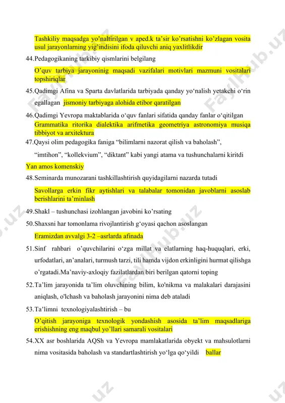 ta’lim oluvchining bilim, ko'nikma va malakalari darajasini aniqlash, o'lchash va baholash jarayonini nima deb ataladi 53. taʼlimni texnologiyalashtirish – bu o’qitish jarayoniga texnologik yondashish asosida ta’lim maqsadlariga erishishning eng maqbul yo’llari samarali vositalari 54. xx asr boshlarida aqsh va yevropa mamlakatlarida obyekt va mahsulotlarni nima vositasida baholash va standartlashtirish yo‘lga qo‘yildi ballar 55. yozuv materiali sifatida ishlatilgan papirus qog‘ozlari qachon paydo bo‘lgan eramizdan avvalgi 3-asrda 56. “qanday”, “insert”, “klaster”, “nima uchun” bular . grafik organeyzerlar 57. “toifalash”, “bbb”, “qanday” “konseptual jadval” bular .. grafik organeyzer 58. 2-sinf o’quvchilarning ta’lim sifatini nazorat qilishda necha so’zli diktant yoza oladilar 30-40 so’zli 59. 4-sinfda nazorat ishidan keyin xatolar ustida ishlashga necha soat ajratiladi 1 soat 60. alisher navoiyning didaktikaga oid asosiy asarini belgilang mahbub ul qulub 61. aralash,yangi bilimlarni bayon qilish,o‘rganilganlarini takrorlash va mustahkamlash va o'quvchilarning bilim, ko'nikma va malakalarini nazorat qilish darslari bu... dars turlari 62. bola rivojlanishiga doir o‘zgarishlarni, yosh davrlariga …