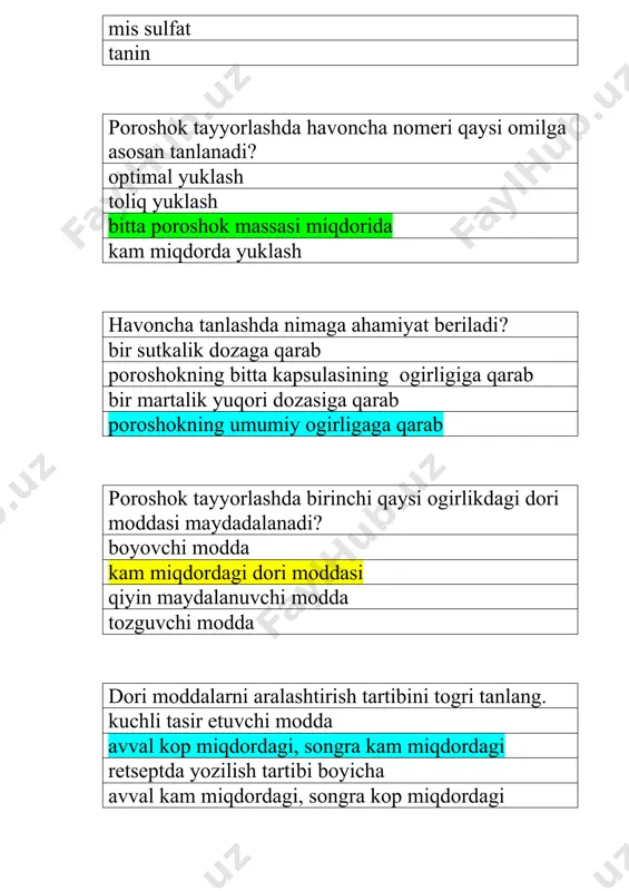 pepsin bilan mikstura tayyorlashda ingrediyentlarni aralashtirish tartibini to�g�ri tanlang. istalgan tartibda suv+ vodorod xlorid kislota+pepsin; vodorod xlorid kislota+suv+pepsin vodorod xlorid kislota+pepsin+suv protargol tayyorlashda texnologik bosqichni to�g�ri tanlang: qizdirib eritiladi; o�g�zi keng idishga tozalangan suv solib, ustiga protargol yupqa qilib sepiladi; bemorga beriladigan flakonda eritiladi; havonchada bir qism suv bilan eritib, bir qismi chayish uchun olib qo�yiladi; dori vositalarning konsentrlangan eritmalariga mikstura qachon qo�shiladi? dori vositasi yoki tozalangan suvga qo�shiladi; birinchi bemorga beriladigan idishga qo�shib; bemorga beriladigan filtrlangan eritmaga qo�shiladi; nastoykalar aralashmasiga qo�shib; 5 g kalsiy xlorid o’rniga 10 ml konsentrlangan eritmadan foydalanilsa necha % eritmadan foydalanilgan bo�ladi? 30; 20; 50; 70; quyidagi tarkib bo�yicha berilgan miksturani umumiy hajmini toping. analgin 7,0 natriy bromid 3,0 arslonquyruq 5 ml qand qiyomi 5 ml tozalangan suv 200ml 217 ml; 220 ml; 210ml; 205 ml; 180 ml hajmli mikstura necha osh qoshiqda dozirovkaga bo�linadi? 9; 12; 18; 20; hushbo�y suv dispersion muhit sifatida mikstura …