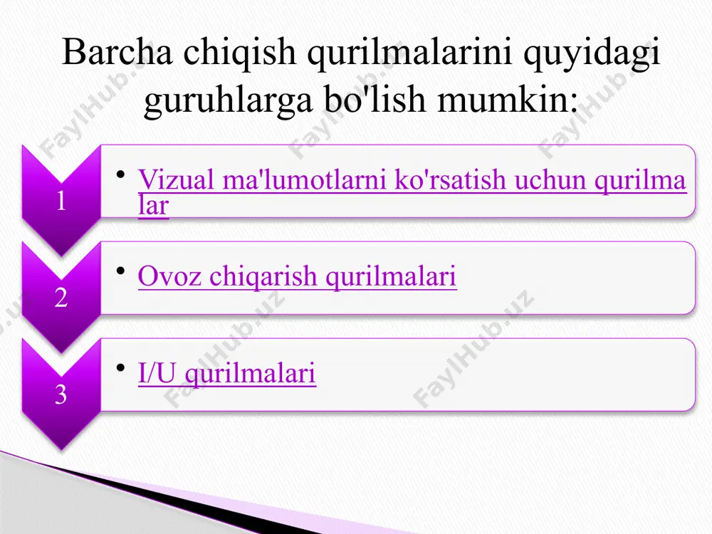 n moʻljallangan. printer qora va oq (monoxrom) rangli bosib chiqarish ranglari soniga ko'ra printerlar quyidagilarga bo'linadi: ruxsat - bu dyuymdagi nuqtalar soni (dpi da o'lchanadi) yoki stilusli printerlar uchun dyuymdagi belgilar soni (cpi). masalan, 600 dpi o'lchamlari nuqtani bir dyuym ichida 600 ta pozitsiyadan istalganiga qo'yish mumkinligini anglatadi; chop etish tezligi ikki omil bilan belgilanadi - qog'ozni berish vaqti va kiruvchi ma'lumotlarni qayta ishlash tezligi. matritsali va inkjetli printerlar uchun u soniyada belgilar bilan o'lchanadi - cps, inkjet va lazerli printerlar uchun - daqiqada sahifalar; xotira miqdori . printerlar odatda protsessor va ma’lumotlarni qabul qiluvchi va qayta ishlovchi ichki xotira (bufer) bilan jihozlangan. qoida shunday: xotira qancha ko'p bo'lsa, shuncha yaxshi; ishlash muddati ma'lum bir printer modeli uchun hujjatlarda belgilanadi. printerlarning asosiy parametrlari: tasvirni ommaviy axborot vositalariga o'tkazish printsipi bo'yicha printerlarni tasniflash tarkib takrorlang oldingi bo'lim hozirda foydalanilayotgan printerlarning eng qadimgi turlari, ularning mexanizmi 1964 yilda ixtiro qilingan. tasvir elektromagnitlar …