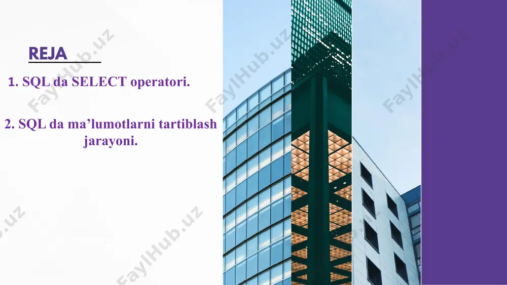 ct column1, column2, ... from table_name order by column1, column2, ... 8 order by kalit so'zi yozuvlarni odatda o'sish tartibida tartiblaydi. yozuvlarni kamayish tartibida saralash uchun desckalit so'zdan foydalaniladi. misol mahsulotlarni eng yuqori narxdan eng past narxga saralash: select * from products order by price desc; 9 satr qiymatlari uchun order by kalit so'zi alifbo tartibida tartiblanadi. misol: mahsulotlarni productname bo'yicha alifbo tartibida tartiblang: select * from products order by productname; jadvalni alifbo tartibida teskari saralash uchun descquyidagi kalit so'zdan foydalaning: misol mahsulotlarni mahsulot nomi bo'yicha teskari tartibda tartiblang: select * from products order by productname desc; 10 jadvalning bir nechta ustunlarini alifbo bo’yicha tartiblash. quyidagi sql bayonoti "mamlakat" va "mijoz nomi" ustuni bo'yicha tartiblangan "mijozlar" jadvalidan barcha mijozlarni tanlaydi. bu mamlakat bo'yicha buyurtma berishini anglatadi, lekin agar ba'zi qatorlar bir xil davlatga ega bo'lsa, ularni customername bo'yicha buyurtma qiladi: misol select * from customers order by country, customername; 11 …