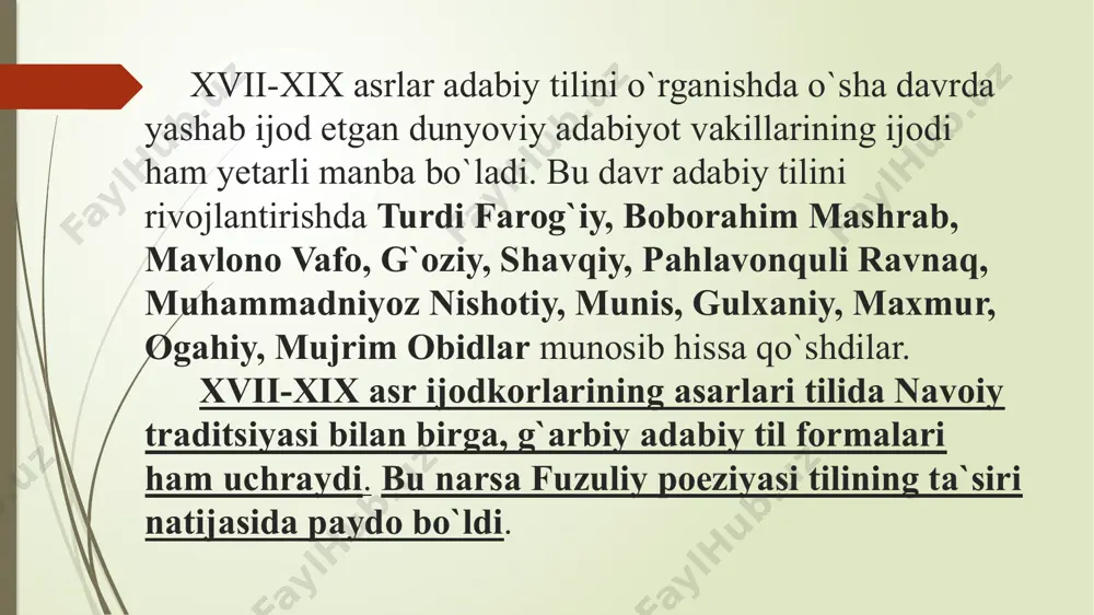 ikki padshah jahang`a sig`mas, it semirsә egәsini qapar kabi. abulg`ozi asarlarining morfologik va sintaktik xususiyatlari xv-xvi asr adabiy tilidan ancha ilgarilab ketganligini ko`rsatadi. ularda xalq so`zlashuv tiliga xos morfologik ko`rsatkichlar ko`proq, arabcha-forscha sintaktik qurulmalar kamroq uchraydi. abulg`ozi bahodirxonning «shajarai tarokima» va «shajarai turk» asarlarida quyidagi fonetik, leksik va grammatik xususiyatlar mavjud. fonetik xususiyatlari: so`z boshida keladigan d tovushi ko`pincha t ga o`tadi. bu holni a. n. kononov ham alohida ta`kidlaydi: degәn - tegәn, deb - teb, dedik - teduk kabi. morfologik xususiyatlari: ot yasovchi qo`shimchalar hozirgi o`zbek tilidagi ot yasovchilarga o`xshaydi. hozirgi o`zbek tilidagi kabi abulg`ozi asarlari tilida oltita kelishik bor. tushum kelishigi uchun -ni/-ni affiksidan tashqari, -n ham mahsuldor qo`llanadi. m: kuchlәrin va kelinlәran chakirib (xotinlarini va kelinlarini chaqirib). chiqish kelishigi affiksi -din /-din //-tin /-tin ko`rinishida. har turluk turpaqdin alib. sonlar, ularning turlari, yasalishi hozirgi o`zbek tilidagiga o`xshaydi. ammo tartib sonlar -lanchi/-lәnchi affiksi yordamida yasalishi bilan hozirgi o`zbek …