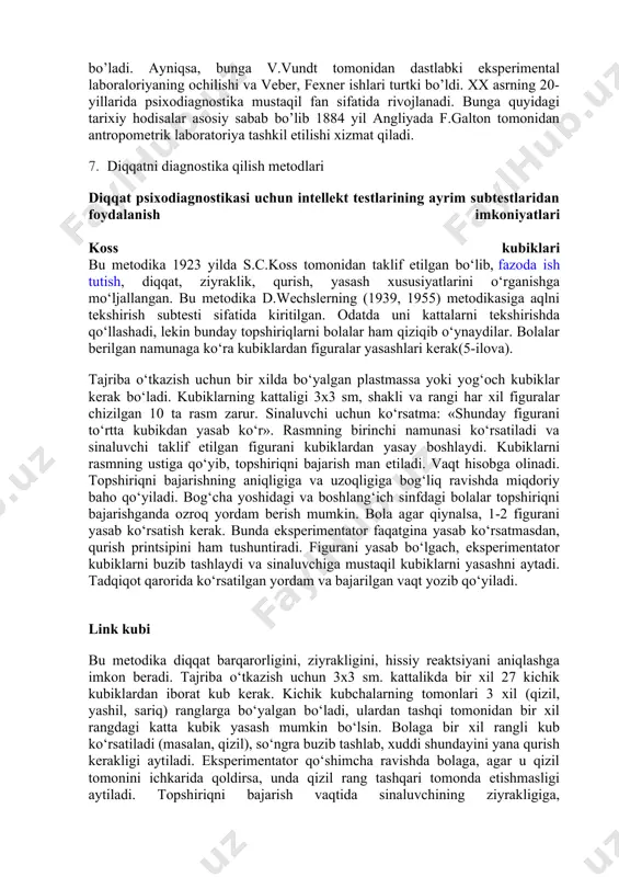 gi madaniyat tarixini o’rganish bunga yaqqol misol bo’la oladi. qadimgi xitoyda xristos tug`ilishidan 2200 yil oldin shasxning ko’p xususiyatlarini qamrab olgan amaldorlarni tanlash tizimi yaratilgan. bunda amaldorlarning ko’pgina xislatlariga: jumladan, chiroyli yozuvdan - kundalik xulq-atvorigacha e`tibor berilgan. platon insonlarni bir-biridan farqlaydigan tug`ma layoqatlarning ahamiyatini yaxshi tushungan. xix asrning birinchi yarmida psixologiyada o’lchash g`oyasi ommalashadi. bu davrda inson haqidagi empirik psixologik bilimlarni aniqlashda vrachlar katta rol o’ynadilar. vrach-psixiatrlar evropa kasalxonalarida ruhiy kasallar va nevrozlarni doimiy kuzatib, o’z kuzatish natijalarini yozib bordilar va bu yozuvlar tahlil qilindi. bu vaqtda psixodiagnostikaning kuzatish, so’rovnoma, hujjatlarni tahlil qilish metodlari paydo bo’ldi. bu davrda psixodiagnostika qat`iy bo’lmagan, ixtiyoriy xarakterga ega bo’lib, bir bemorni bir xil metod yordamida vrachlarning kuzatishlariga asoslangan. bu davrda psixodiagnostika metodlari sifat xarakteriga ega bo’ldi. masalan, frantsuz shifokori j.eskirol aqli zaiflikning har xil shakllarini o’rganib, intellektni o’lchashda nutqning rivojlanishiga e`tibor berish kerak degan xulosaga keldi (e.segen aqli zaif bolalarni tashxis qilish testini ishlab …