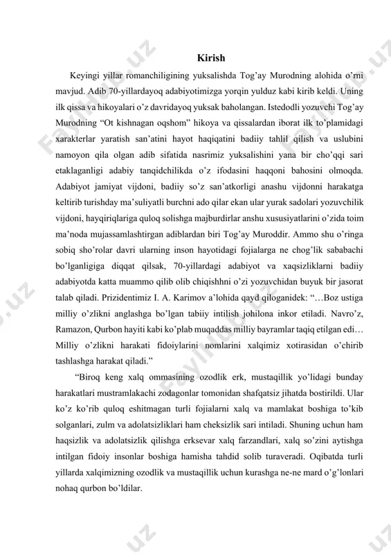 ni harakati fidoiylarini nomlarini xalqimiz xotirasidan o’chirib tashlashga harakat qiladi.” “biroq keng xalq ommasining ozodlik erk, mustaqillik yo’lidagi bunday harakatlari mustramlakachi zodagonlar tomonidan shafqatsiz jihatda bostirildi. ular ko’z ko’rib quloq eshitmagan turli fojialarni xalq va mamlakat boshiga to’kib solganlari, zulm va adolatsizliklari ham cheksizlik sari intiladi. shuning uchun ham haqsizlik va adolatsizlik qilishga erksevar xalq farzandlari, xalq so’zini aytishga intilgan fidoiy insonlar boshiga hamisha tahdid solib turaveradi. oqibatda turli yillarda xalqimizning ozodlik va mustaqillik uchun kurashga ne-ne mard o’g’lonlari nohaq qurbon bo’ldilar. romandagi xarakter va syujetlar o’zbek romanchiligi keyingi yillarga kelib, davr qahramnonlarini yaratishda va ularda hayotning murakkab muammolarini, turmushning eng muhim ijtimoiy qatlamlaridagi siljishlarni zamondoshlar tafakkuridagi o’zgarishlarni umumlashtirib, individuallashtirib bera olish san’atini namoyon qiladi. istedodli so’z san’atkorlari o’z qahramonlari xarakterini kashf etish jarayonida turmushda uchrab turuvchi tasodifiy xususiyatlar va muammolarni emas aksincha inson shaxsining tuyb mohiyati va o’zagini tashkil etuvchi, nisbatan barqaror va davr bilan birgalikda unga hamohang ravishda …