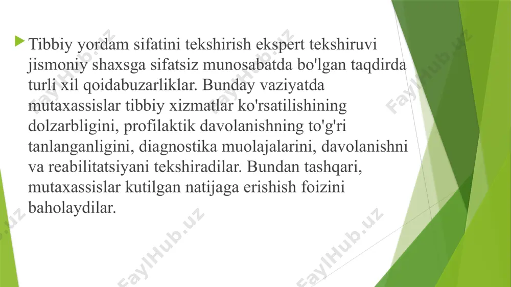 i bilan kelishilgan bo'lishi kerak muassasadagi ekspertiza rejasi bilan belgilanadi. ushbu raqam davolanishning yakunlangan holatlari soniga qarab hisoblab chiqiladi va ma'lum foizga ega bo`ladi. bosh shifokor o'rinbosarlari 1-chorak davomida bir nech bor ekspert tekshiruvlarini o'tkazadilar. ekspert komissiyasi qancha vaqt ishlashi va boshqa mehnat sharoitlari mahalliy hujjatlarda belgilanadi. ayni paytda qaysi turdagi nazorat tekshiruvlari o'tkazilmoqda tibbiy yordam sifatini tekshirishni o'tkazishda ushbu masala bo'yicha mutaxassislar aniq baholash usulidan foydalanmoqdalar. bunday vaziyatda nazorat ekspertizasi bir nechta mutaxassislik mutaxassislari tomonidan o'tkaziladi, bu esa davolash natijalari samaradorligini sezilarli darajada oshiradi. maqsadli o'zaro taqriz dtmni manzilli tekshirish jismoniy shaxsga ko'rsatilgan tibbiy yordamni to'lash uchun moliyaviy hisob-kitoblarni taqdim etganidan keyin bir oy ichida amalga oshiriladi. shunga o'xshash tekshirish quyidagi holatlarda amalga oshiriladi: tibbiy muassasada xizmat ko'rsatishning umumiy mavjudligi va darajasiga e'tirozlar kelib tushganda; bemor ma'lum bir kasalxonada vafot etganida; kasalxonada kasal yuqtirilganda va kasallikning asoratlari paydo bo'lganda; mehnatga layoqatli kasalxonada yoki 18 yoshgacha bo'lgan bolada nogironlik guruhini …