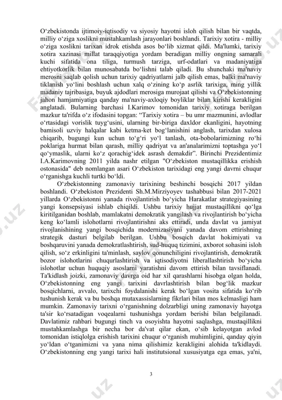 eng yangi tarixini tizimli, haqqoniy va xolis tarzda o‘rganishni tashkil etish, yangi avlod ilmiy va o‘quv-uslubiy adabiyotlarni yaratish hamda mamlakatimizning dunyodagi o‘rni va rolini ko‘rsatishga qaratilgan qator vazifalar qo‘yilgan. mazkur hujjatda ko‘rsatilgan vazifalarni bir-birini to‘ldiruvchi ikki yo‘l orqali ro‘yobga chiqarish lozim. birinchi yo‘l – yangi avlod ilmiy va o‘quv adabiyotlarini yaratish. ikkinchi yo‘l – mavjud bilimlarni yoshlarga targ‘ib etish va o‘qitish. mazkur qarorda belgilanganidek, institut va kengash a’zolari qator rejalar, amalga oshirilishi zarur bo‘lgan masalalarga jiddiy kirishgan. unda siyosat, iqtisod, madaniyat, ijtimoiy hayotning barcha sohalarida sodir bo‘layotgan voqealar asosida o‘zbekistonning eng yangi tarixini o‘rganish bo‘yicha kompleks yondashuvni ta’minlash inobatga olingan. ushbu vazifalarning ilmiy idrok etilishi va hal qilinishi muayyan darajada tarix fani mavjud tushuncha-metodologik arsenalining tanqidiy tahlili va tegishli tarzda o‘zbekistonning eng yangi tarixiga oid turli voqealarni tadqiq etish bilan shug‘ullanayotgan barcha ilmiy yo‘nalishlarning nazariy salohiyati yangilanishi bilan bog‘liqdir. o‘zbekistonning eng yangi tarixi - bu tarix fanining nisbatan yangi yo‘nalishi …