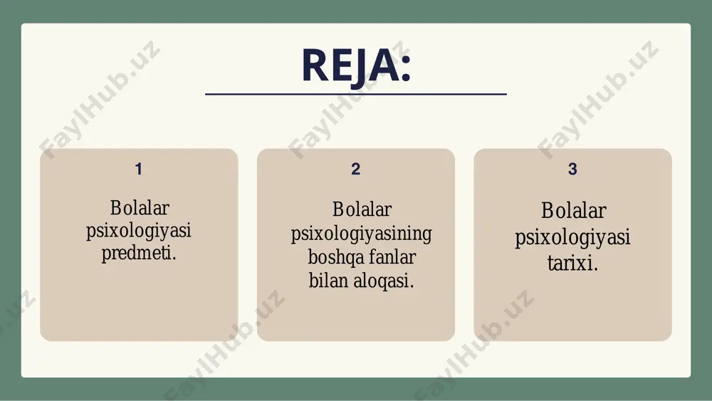 faniga ham yaqindan yordam beradi. bolalar psixologiyasi bir qator biologik fanlar bilan, birinchi navbatda, bolalar anatomiyasi hamda fiziologiyasi bilan bo’g’liqdir. simile bu fanlar bolaning yoshi ulg’ayishi bilan yuzaga keladigan anatomik va fiziologik o’zgarishlar haqida ma’lumot beradi hamda psixik taraqqiyot yo’lini ilmiy tushunishga yordam beradi. bolalar psixologiyasi bolalar gigiyenasi, bolalardagi kasalliklarni o’rganuvchi pediatriya va bolalar psixopatalogiyasi bilan ham bog’liqdir. bu fanlar bolalar psixik tarqaqqiyotining normal borayotganligini chuqurroq bilish va normal taraqqiyotdan burilish sabablarini anglash imkoniyatini beradi.bolalar psixologiyasi bolalar adabiyoti bilan ham ma’lum darajada aloqadordir. bolalar psixologiyasi bolalarning shaxsiy xususiyatlarini o’rganishda tushuntirishda bolalar adabiyotidan, xususan, avtobiografik asarlardan keng foydalanadi. bolalar psixologiyasi tarixi. psixologiya tarixi-bu avvalo insoniyat tomonidan hayvonlarga va insonga xos bo’lgan psixik hayot hodisalari haqidagi bilimlarning asta-sekin to’planib boorish tarixidir.insonning o’z- o’zi haqidagi bilimlarni to’plab hamda chuqurlashtirib borishidir.albatta, psixologiya tarixida turlicha qarashlar va yo’nalishlar bo’lishiga qaramasdan,bu fanning predmati,ya’ni hayvon va insonlarga xos bo’lgan psixika,psixik hayot birdaylicha qolaveradi.tarixiy jihatdan psixologiyaning o’rganish predmeti …