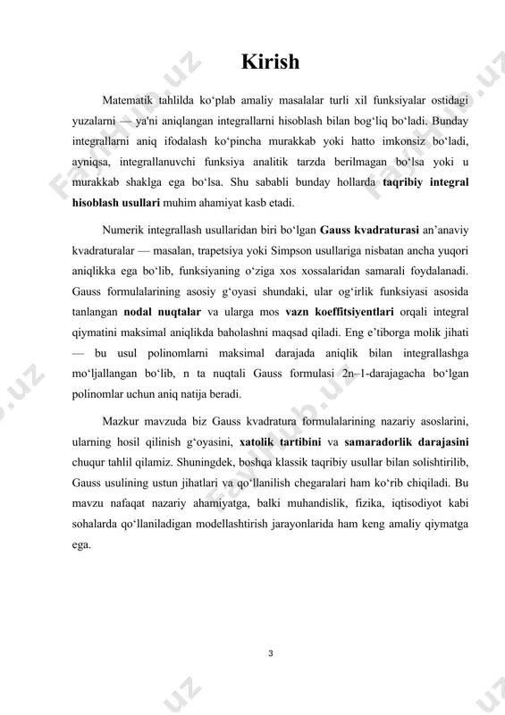 ishda va ko'rsatkichlar bilan ishlashda foydalaniladi, iqtisodiyotda esa o'zgaruvchilarni hisoblash va o'zgarishlarni ko'rsatishda foydalaniladi.integrlar yordamida funktsiyalar ko'rsatkichlari va ulardagi xususiyatlarni aniqlash mumkin bo'ladi, masalan, funksiyaning ildizlarini, simmetriyalilikni, va asimptotalarni.integralning raqamlardagi amaliyoti yordamida ko'plab hisob-kitob dasturlari yaratilgan. ma’lumki, [ a b] intervalda uzluksiz bo’lgan har qanday y = ( f x ) funksiya shu intervalda boshlang’ichga ega, ya’ni f (x) f (x) tenglikniqanoatlantiradigan f (x) funksiya mavjud. ammo har qandayboshlang’ich funksiya, hattoki u mavjud bo’lgan holda ham, elementar funksiyalar orqali chekli ko’rinishda ifodalanmaydi. bunday hollarda aniq integrallarni nyuton-leybnits formulasi yordamida hisoblash ancha mushkul ish va aniq integralni hisoblashning turli taqribiy usullar qo’llaniladi. hozir biz taqribiy integralning bir necha usullarini keltiramiz integralni aniqlash uchun ko'plab hisoblash usullari mavjud. ular orasida, integralni taqribiy hisoblash usuli integralni o'qish tartibidan foydalanadi va funksiyaning qator qiymatlarini hisoblash orqali integrallarni hisoblaydi. jadval 1: integrallarni taqribiy hisoblash usullarining taqqoslovchi jadvali usul nomi asosiy g‘oya aniqlik darajasi afzalliklari kamchiliklari …