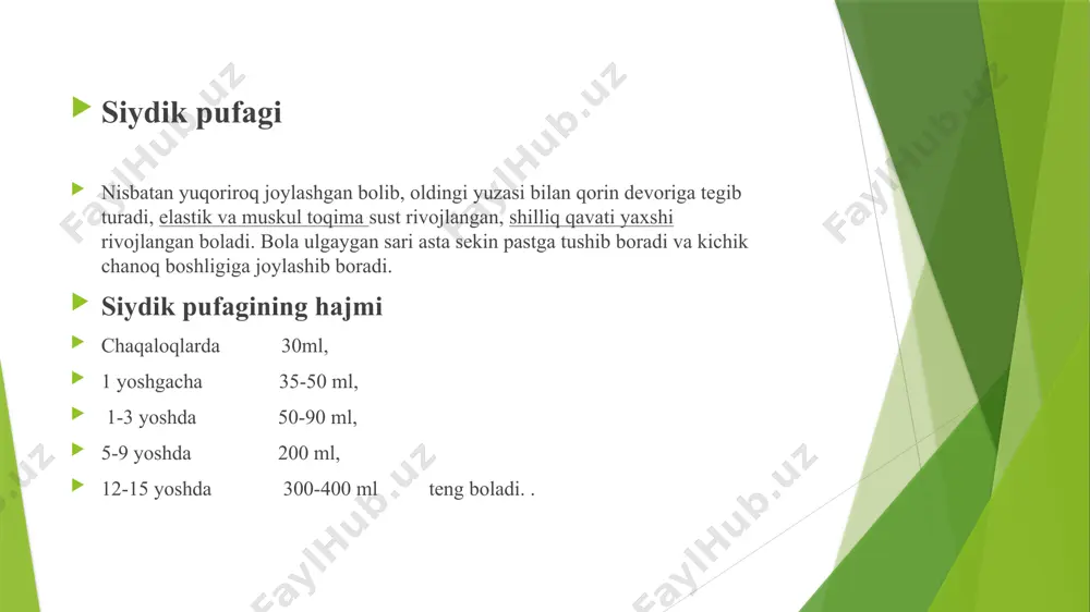 miqdori 10-50 ml, ko’krak yoshida 50 -100ml, 5 yoshda 90-200 ml, 10 yoshda 200-300 ml. taxminiy bir sutkalik siydik miqdorini aniqlash formulasi quyidagicha: 1) 100( p+5) p- yoshi bolani. 2) 600+100(p-1) bu formula 10 yoshgacha bo’lgan bolani sutkalik siydik miqdorini aniqlashda ishlatiladi. sutkalik siydik miqdori 1 oy 300 ml, 6-12 oy 600ml, 2yoshda 700ml, 5-6 yoshda 1000 ml, 10 yoshda 1500 ml teng. chaqaloqlar uchun siydik bilan ko‗p miqdorda azot chiqarib turishi harakterlidir. azotning ko‗p qismi( siydikdagi barcha azotning 85%) mochevina ko‗rinishida chiqariladi. hayotining 4-5 kunidan boshlab uning miqdori kamayadi, 2 oylik mahaldan boshlab esa yana ko‗payadi. hayotining 1 yilida bolalarda kattalarnikiga qaraganda 8-10%,birmuncha kattaroq yoshdagi bolalarda esa 3-5% dan kam azot mochevina hisobiga chiqarib turiladi. bolalar ovqatini turiga ham bog‗liq bo‗ladi. hayotining dastlabki 3 kunida chaqaloqlar siydigida siydik kislota (urat kislota) ko‗p bo‗ladi.siydik kislota, siydik miqdori bolaning yoshi ulg‗ayib borgan sayin ortib boradi,ammiak fosfatlar va sulfatlar ko‗rinishida chiqariladi. barcha …