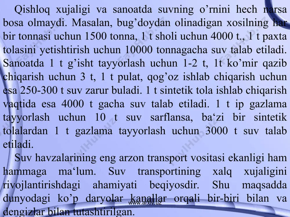 liklar dunyosi ancha talofat ko`rdi. okean suvlariga neft to`kilganda suv yuzasini parda qoplab, okean va atmosfera o`rtasida issiqlik, gaz almashinuvi jarayonini buzadi. oqibatda tabiatda suvning aylanma harakati, okean yuzasining radioaktiv hususiyatlari o`zgarib, suvdagi hayvon va o`simliklarning nafas olishi, hayotini qiyinlashtiradi. okean suvlariga yilida bir necha yuz ming tonna pestisidlar daryolar va atmosfera havosi orqali tushadi. www.arxiv.uz www.arxiv.uz dunyo okeaniga simobning 30-35% (9-10 ming tonna), qo`roshinning 2 mln.tonnasi tushayapti. yakinda (2005 yil) xitoydagi zavod avariyasidan amur daryosiga oqqan nitrobenzol, kadmiy va boshqa moddalar undan tinch okeaniga oqib o`tdi. bulardan tashqari kemalardan yiliga taxminan 7 mln.dona turli metal buyumlar, 500 ming donadan ziyod shisha idishlar, 1 mln.dan ortiq qooz va plastmassa qutichalar okeanlarga chiqindi sifatida tashlanmoqda. okean suviga tashlangan pestisidlar undagi o`simliklarni fotosinteziga zararli ta`sir etadi, hayvonlarni oir kasalliklar va o`limga mahkum etadi. okeanga tashlangan oir metallar esa hayvon mahsulotlari orqali kishilarni zaharlaydi. www.arxiv.uz www.arxiv.uz www.arxiv.uz www.arxiv.uz okean suvlari ifloslanganligi uchun ba`zi …