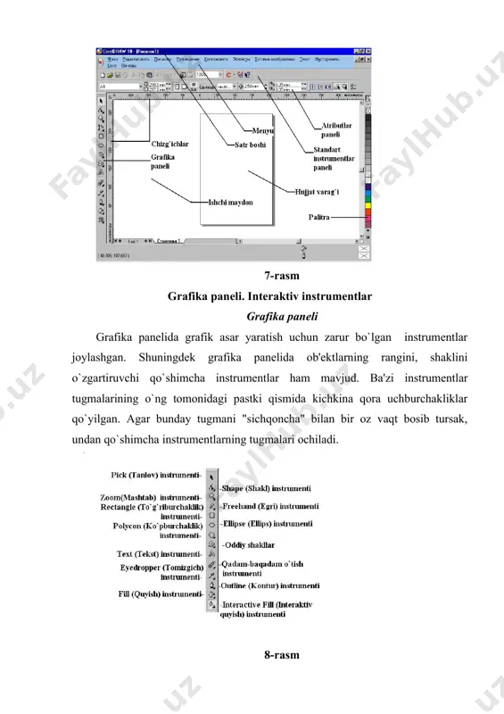 andart komandalardan iborat, unda restore (tiklash), move (qayta joylashtirish), size (o`lcham ), minimize (yopib qo`yish), maxsimize (ochish), close (yopish), next (keyingi) kabi komandalar mavjud. corel draw asosiy oynasining sistema menyusi corel draw so`zining chap tomondagi havo shari belgisini bosish orqali yoki alt - probel klavishlarini birgalikda bosish orqali chaqiriladi. sichqonchaning o`ng tugmasini bosish yordamida menyuni chaqirish windows operatsion sistemasida ekranning hohlagan nuqtasida sichqonchaning o`ng tugmasini bosish orqali ba'zi bir harakatlar qilishadi. bu imkoniyatdan ham corel draw grafik muharririda keng foydalaniladi. o`ng tomondagi tugmani bosish orqali kontekst menyu chaqiriladi. 10-rasm bu rasmda document (hujjat) kontekst menyusi ko`rsatilgan. biz undagi create object (ob'ekt yaratish) komandasini bosish orq`ali grafika panelidagi instrumentlarni tanlash uchun zarur komandalar menyusini ochamiz. keyingi rasmda object (ob'ekt) menyusi tasvirlangan. bu menyuni ajratilgan ob'ektlar guruhini ustiga borib o`ng tomondagi tugmani bosish orqali chaqiramiz. bunday menyulardagi komandalar chaqirilayotgan daqiqalardagi holatga bog`liq bo`lganligi uchun kontekst menyusi deb yuritiladi. ]11-rasm toolbar (instrumentlar paneli) …