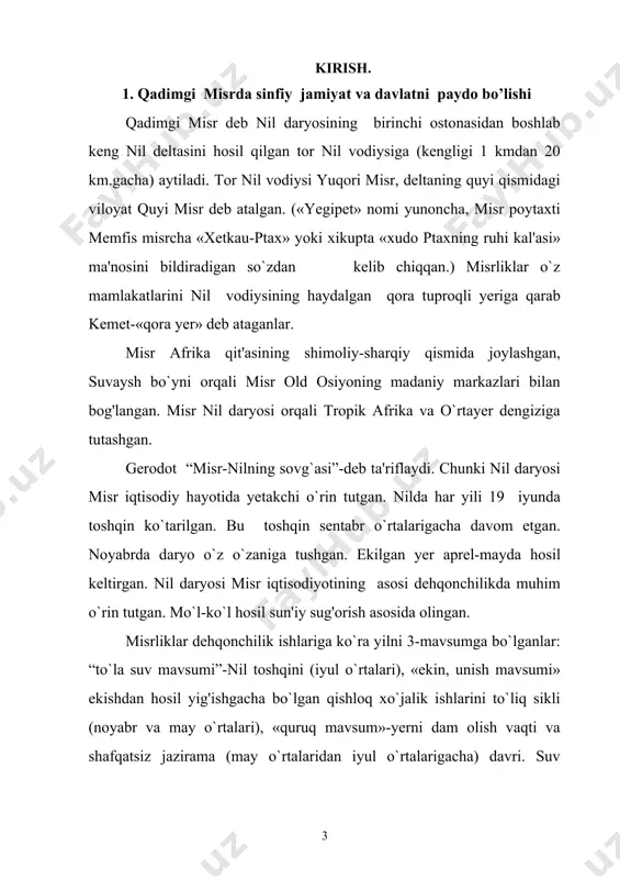 sgan. asosiy ovqat hisoblangan baliq ko`p bo`lgan. chorva mollari: qo’y, echki, sigir, eshak, cho`chqa boqilgan. qazilma boyliklar: granit, bazalt, diorit, alebastr, shifer, ohak. memfis yonida yirik tosh konlari, o`rta misrda fiva yaqinida alebastr konlari va sinay yarim orolida boy mis konlari bo`lgan. oltin shimoliy nubiya va arabiston yarim orolidan olib kelingan. aholi: qadimgi misrliklar o`rta bo`yli, to`ladan kelgan, soqoli qirilgan, sochlari qisqa qirqilgan.ozgina turtib chiqqan daxan. qalin lablar, uzunchoq bosh, «negroid» va «osiyo» belgilari qo`shilgan. kiyimlar qisqa, old yubka, lungidan iborat bo`lgan. ovqat: arpa non, emmer bo’tqasi, quruq baliq, piyoz, sarimsoq va bodring. qadimda misrliklar dunyo tarixida birinchi bo`lib pivoni kashf qilganlar va arpadan tayyorlangan pivo asosiy ichimlik bo`lgan. go`sht kam iste'mol qilingan. nil vodiysida qadimgi aholi saxara, liviya sahrosi va efiopiyadan er.avv.vi ming yillik oxirida kelib joylashgan. bu etnik guruhlarning qo`shilishidan qadimgi misr xalqi kelib chiqqan. qadimgi misr tarixini o`rganish uchun qadimgi misrning zamonamizgacha saqlanib kelgan ko`pgina yozma yodgorliklari …