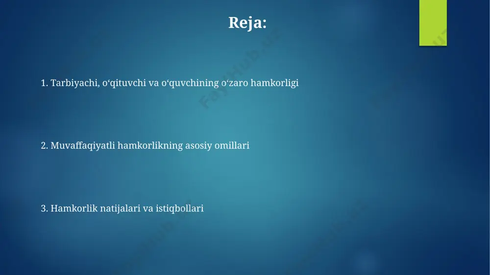 essiyalarini o'tkazish tavsiya etiladi. o'qituvchi, talaba va ota-onalar o'rtasidagi samarali muloqotning 30% dan ortig'i o'quv yutuqlarini 20% ga oshirishi isbotlangan. to'siqlar va ularni bartaraf etish yo'llari ta'limdagi to'siqlarni bartaraf etishda, masalan, kommunikatsiya muammolarini hal qilish uchun kamida 4 turdagi muloqot vositalaridan foydalanish va 10% vaqtdan individual maslahat berishga ajratish kerak. o'quvchilarning 70% faol ishtirokini ta'minlash uchun o'qituvchi 3 turdagi o'quv faoliyatlarini (individual, guruhiy, jamoaviy) qo'llashi va baholashda 2 xil uslubdan foydalanishi muhim. hamkorlik natijalari va kelajakdagi istiqbollar hamkorlik natijasida o'quvchilarning 30% ga yaqini o'zlashtirish ko'rsatkichlarini 15% ga oshirdi, bu esa ta'lim sifatining yuksalishini ko'rsatadi. kelajakda, hamkorlik tufayli interaktiv o'quv uslublari soni 50% ga ko'payadi va o'quv jarayonining samaradorligi 20% ga yaxshilanadi. o'quvchining mas'uliyati va majburiyatlari o'quvchi o'zining o'qishdagi taraqqiyotini muntazam kuzatib borishi, kamchiliklarini aniqlab, ularni bartaraf etish bo'yicha konkret rejani tuzishi va uni amalga oshirishi zarur, masalan, 1 oyda 5 ta yangi kitob o'qish. o'quvchi o'qituvchining ko'rsatmalariga amal qilishi, darslarda …