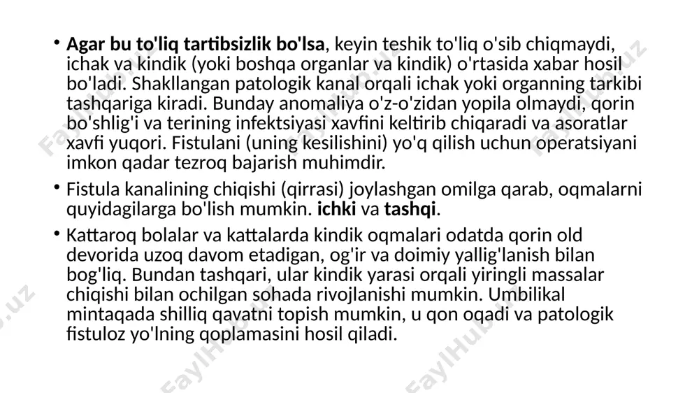 bo'shlig'ida erkin yotadi (120-rasm, 5). ko'pincha divertikullar joylashgan pastki qism ingichka ichak eng uzun tutqichli halqa ustida, yuqori tutqich arteriyasining asosiy magistralining tugaydigan joyida. divertikul konussimon, silindrsimon yoki o'zgaruvchan asos bilan kamroq muntazam bo'lishi mumkin. ba'zida divertikulning o'z tutqichi bor. agar vitellin kanalining periferik qismi o'chirilgan bo'lsa, lekin shaklda qolsa tolali shnur(lig. tugatish), divertikul bu shnur orqali kindik bilan bog'langan (120-rasm, 4). ba'zi hollarda bu shnur kindikdan ajratiladi va bo'sh uchi bilan divertikulning pastki qismidagi ichak halqasiga yoki tutqichga lehimlanadi (120-rasm, b). vitellin kanalining qorin bo'shlig'i qismi o'chirilib, uning periferik qismi saqlanib qolsa, kindik oqmalari hosil bo'ladi, ular kindik ichiga ochiladi va turli chuqurliklarda ko'r-ko'rona tugaydi. ushbu oqmalardan rangsiz oqindi chiqariladi, bu infektsiyaning rivojlanishi bilan yiringli bo'ladi. nihoyat, kanalning ikkala uchi ham yo'q bo'lib ketadigan va faqat uning o'rta qismi lümenini saqlab qolgan yana bir variant mavjud. bu sohada shilliq qavatdan sir ajralib chiqadi, u hech qanday chiqishi yo'q, asta-sekin …