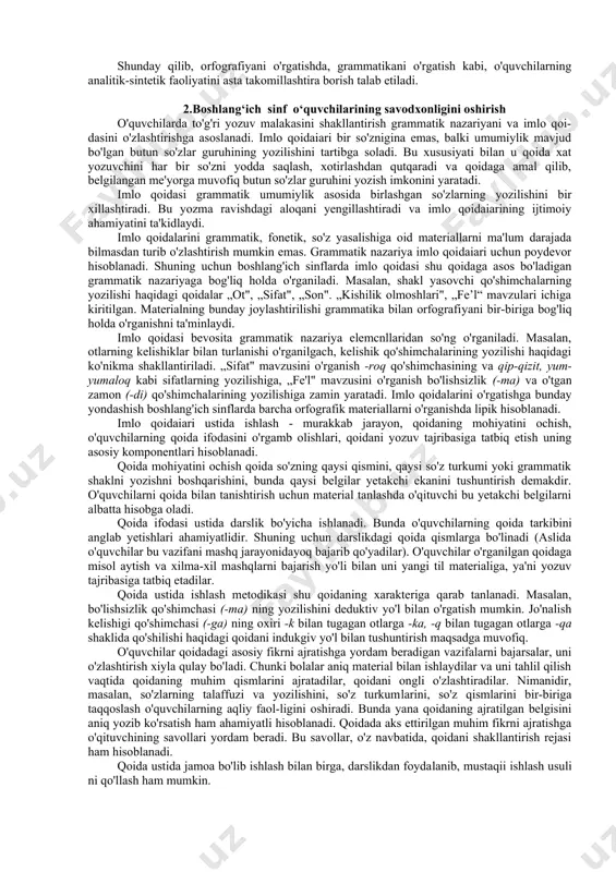 laka asosiga qo'yilgan ko'nikma mustahkamlanadi, takomillashadi, yaxshilanadi (harakat tezlashadi, aniq va to'g'ri bo'la boshlaydi, ishonarli va tejamli bajariladi); shuning bilan birga, faoliyatning tuzilmasi qayta quriladi: mayda birlik bilan ishlash kcngroq, butun, qo'shilgan birliklar bilan ishlashga o'tadi (masalan. so'zni harflab ko'chirish, bo'g'inlab ko'chirish bilan, keyin so'zni yaxlit ko'chirish bilan, so'ngra u gapni ko'chirish bilan almashadi). bir imlo malakasi avtomatlashadi, imloga oid boshqa hodisa o'rganiladi va asta-sekin so'zni to'g'ri yozish malakasi hosil bo'ladi. umuman olganda, yozuv murakkab harakat sifatida.ongli jarayonligicha qoladi. 1 to'g'ri yozuv malakasining shakllanishi uchun o'quvchidan fikrlash faoliyati talab etiladi. biror to'g'ri yozuv hodisasini o'zlashtirish uchun o'quv va yodda saqlashgina emas, balki analiz va sintez tatbiq etiladi. bunda grammatik va imloviy hodisalarning o'xshash va farqli tomonlarini aniqlash uchun taqqoslash usulidan foydalanish hamda so'z va so'z shakllarini ma'lum grammatik yoki grafik gu​ruhlarga ajratish, muayyan tizimga solish, tushuntirish va isbotlash mashqlaridan foydalanish muhim o'rin tutadi. shunday qilib, orfografiyani o'rgatishda, grammatikani o'rgatish kabi, …