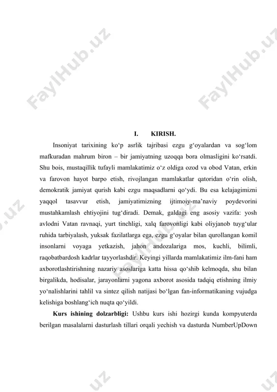 konstruktoridan foydalanib numericupdown boshqaruvini yaratish numericupdown sinfi tomonidan ta'minlanadi. // numericupdown boshqaruvini yaratish numericupdown nbox = yangi numericupdown (); 2-qadam: numericupdown boshqaruvini yaratgandan so'ng, numericupdown sinfi tomonidan taqdim etilgan numericupdown boshqaruvining xususiyatini o'rnating. 3-qadam: va nihoyat ushbu numericupdown boshqaruvini quyidagi iboradan foydalanib shaklga qo'shing: // ushbu boshqaruv elementini qo'shish // shaklga this.controls.add (nbox); 1-masala. yoshni kiritish dasturi. c# dasturlash tilidagi ko’rinishi: using system; using system.collections.generic; using system.componentmodel; using system.data; using system.drawing; using system.linq; using system.text; using system.windows.forms; namespace _1_misol { public partial class form1 : form { public form1() { initializecomponent(); } private void form1_load(object sender, eventargs e) { label l1 = new label(); l1.location = new point(348, 61); l1.size = new size(215, 20); l1.text = "form"; l1.font = new font("bodoni mt", 12); this.controls.add(l1); label l2 = new label(); l2.location = new point(242, 136); l2.size = new size(103, 20); l2.text = "enter age"; l2.font = new font("bodoni mt", 12); this.controls.add(l2); …
