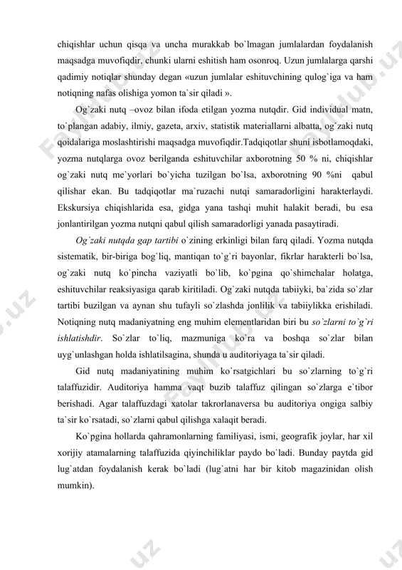 agi xatolar takrorlanaversa bu auditoriya ongiga salbiy ta`sir ko`rsatadi, so`zlarni qabul qilishga xalaqit beradi. ko`pgina hollarda qahramonlarning familiyasi, ismi, geografik joylar, har xil xorijiy atamalarning talaffuzida qiyinchiliklar paydo bo`ladi. bunday paytda gid lug`atdan foydalanish kerak bo`ladi (lug`atni har bir kitob magazinidan olish mumkin). nutqda «keraklicha e`tibor berilmoqda», “yuksak pog`onalarga ko`tarish”, «asosiy maqsad qilib qo`yish» va shu kabi shtamplardan foydalanish nutqni ma`nosiz, jonsiz, obrazsiz qilib qo`yadi. so`zli shtamplarning yana bir turi biri bu kanselyarizmdir. kanselyarizm-bu rasmiy- ishchi yozma nutqning standartlashtirilgan aylanmasidir. ularni notiqlarning radio, televideniya orqali chiqishlaridan, gazeta, jurnallar sahifalaridan o`qiymiz. ulardan qutilish qiyin, takrorlanaverib ular bizning nutqimizda kirib bormoqdalar. lekin gid ulardan foydalanishga ehtiyot bo`lishi, ular bilan kurashishi kerak. gid uchun yana professional terminlar va xorijiy so`zlar ham «xavf» tug`dirish mumkin. birinchidan, har ikkisi ham mazmuniga mos ravishda talaffuz qilinishi, ikkinchidan, aytilgan so`z har kimga ham tushunarli bo`lmasa, ularning mazmunini oddiy va aniq tushuntirish. ishlatiladigan terminlar mag`zini chaqishi kerak. bu …