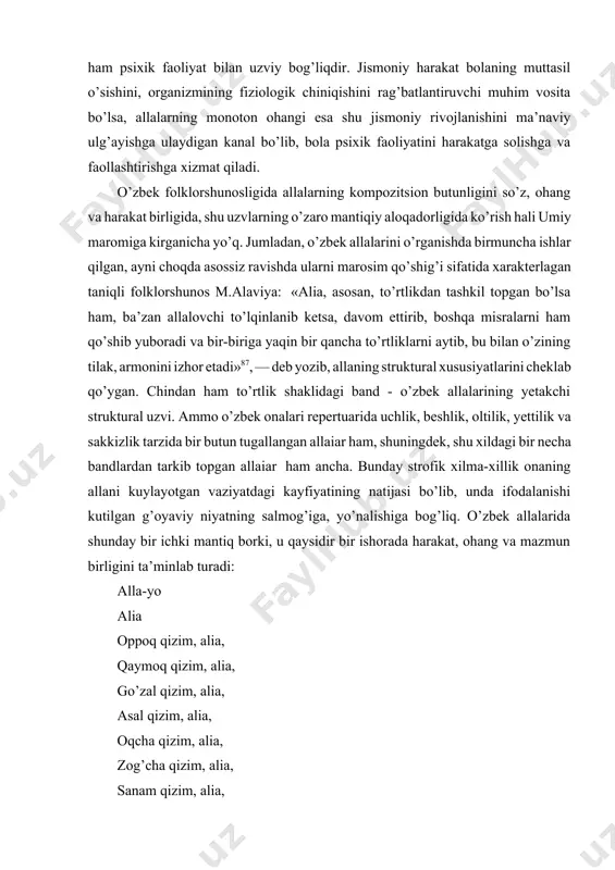 ing kompozitsion butunligini so’z, ohang va harakat birligida, shu uzvlarning o’zaro mantiqiy aloqadorligida ko’rish hali umiy maromiga kirganicha yo’q. jumladan, o’zbek allalarini o’rganishda birmuncha ishlar qilgan, ayni choqda asossiz ravishda ularni marosim qo’shig’i sifatida xarakterlagan taniqli folklorshunos m.alaviya: «alia, asosan, to’rtlikdan tashkil topgan bo’lsa ham, ba’zan allalovchi to’lqinlanib ketsa, davom ettirib, boshqa misralarni ham qo’shib yuboradi va bir-biriga yaqin bir qancha to’rtliklarni aytib, bu bilan o’zining tilak, armonini izhor etadi»87, — deb yozib, allaning struktural xususiyatlarini cheklab qo’ygan. chindan ham to’rtlik shaklidagi band - o’zbek allalarining yetakchi struktural uzvi. ammo o’zbek onalari repertuarida uchlik, beshlik, oltilik, yettilik va sakkizlik tarzida bir butun tugallangan allaiar ham, shuningdek, shu xildagi bir necha bandlardan tarkib topgan allaiar ham ancha. bunday strofik xilma-xillik onaning allani kuylayotgan vaziyatdagi kayfiyatining natijasi bo’lib, unda ifodalanishi kutilgan g’oyaviy niyatning salmog’iga, yo’nalishiga bog’liq. o’zbek allalarida shunday bir ichki mantiq borki, u qaysidir bir ishorada harakat, ohang va mazmun birligini …