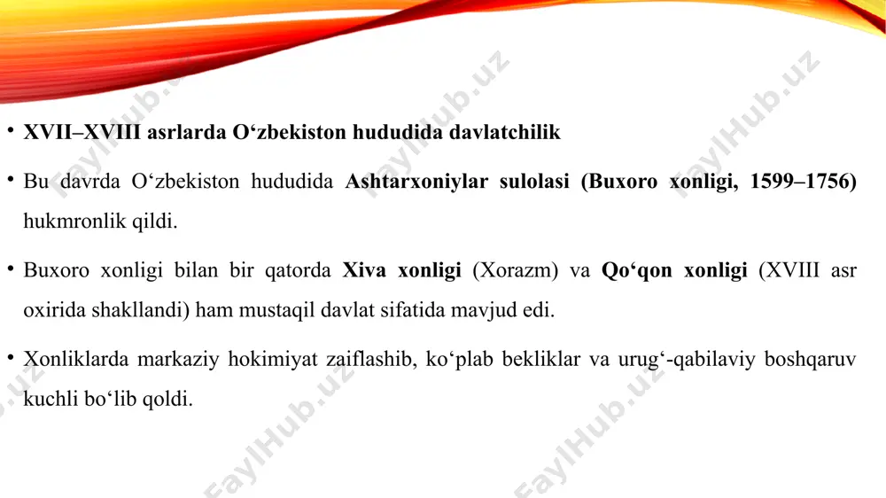 ligi bu davrda: amir nasrulloh (1827–1860) davrida buxoro markaziy hokimiyati kuchaytirildi. xiva xonlari muhammad rahimxon i va muhammad aminxon davrida davlat mustahkamlanishga harakat qilindi. qo‘qon xonligi madali, mallaxon davrida keng hududlarni o‘ziga qo‘shib oldi. lekin ichki nizolar, iqtisodiy qoloqlik va markaziy hokimiyatning sustligi xonliklarni zaiflashtirdi. rossiya imperiyasi istilosi 1860–1870-yillar: rossiya imperiyasi markaziy osiyoga ketma-ket yurishlar boshladi. 1865-yilda toshkent egallandi. 1868-yilda buxoro amirligi rossiya protektoratiga tushdi. 1873-yilda xiva xonligi rossiyaga qaram bo‘ldi. 1876-yilda qo‘qon xonligi tugatilib, farg‘ona viloyati rossiya imperiyasiga qo‘shib olindi. natijada, xix asr oxiriga kelib o‘zbekiston hududi to‘liq rossiya mustamlakasi bo‘lib qoldi. xx asr boshlarida milliy uyg‘onish mustamlakachilik davrida mahalliy ziyolilar — jadidlar taraqqiyparvar g‘oyalarni ilgari surdilar. mahmudxo‘ja behbudiy, abdulla avloniy, munavvarqori, cho‘lpon, fitrat singari jadidlar milliy uyg‘onishning asoschilari bo‘ldilar. 1917-yilgi fevral va oktyabr inqiloblari davrida turkistonda milliy mustaqillik uchun harakatlar kuchaydi. 1917-yilda qo‘qon muxtoriyati e’lon qilindi, biroq qisqa fursatda sovet qo‘shinlari tomonidan tugatildi. sovet davri (1924–1991) 1920-yillarda buxoro …