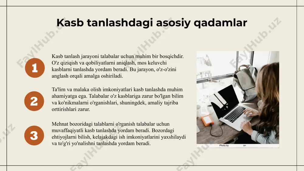 ib chiqarishi mumkin. yoshlar uchun kasbga yo'naltirish orqali yangi imkoniyatlar yaratiladi, bu esa ularning ijtimoiy va iqtisodiy hayotida o'zgarishlarga olib keladi. ijtimoiy farovonlik pasayishi kasbga yo'naltirishda to'siqlarni keltirib chiqarishi, bu esa yoshlar o'rtasida ishsizlikni oshirishi mumkin. s w o t xulosa kasbga yo'naltirish jarayoni yoshlar uchun hayotdagi muhim bir qadamdir. bu jarayon ularning kelajagini shakllantirishda muhim rol o'ynaydi. qiziqish va qobiliyatlarni aniqlash kasb tanlashda juda muhimdir. bu yoshlarni o'zlarining haqiqiy potentsialini ochishiga yordam beradi. ta'lim tizimidagi o'zgarishlar kasbga yo'naltirishni yanada samarali qiladi va yoshlarni yangi imkoniyatlarga tayyorlaydi. foydalanilgan adabiyotlar 1. sizov, a. r. kasbga yo'naltirish: nazariy va amaliy jihatlar. o'zbekiston respublikasi oliy va o'rta maxsus ta'lim vazirligi, 2022 2. jalilov, k. m. yoshlarni kasbga yo'naltirish: muammolar va yechimlar. o'zbekiston respublikasi ta'lim vazirligi, 2021 3. tursunov, d. i. kasbga yo'naltirishning iqtisodiy ta'siri. o'zbekiston iqtisodiyoti va aktivlari, 2023 4. khamraev, s. sh. kasb tanlash jarayoni: yoshlar uchun tavsiyalar. oliy ta'lim va tadqiqotlar …