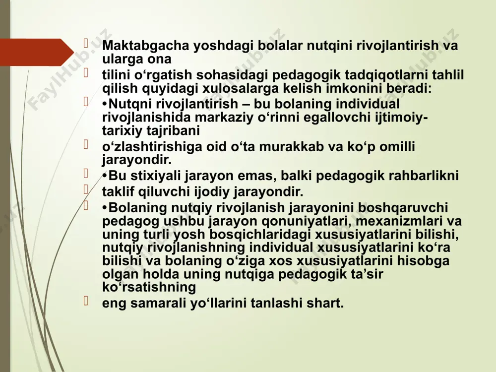 rgani hamda shaxsga ruhiy jarayonlarni tartibga solish va nazorat qilish imkonini bergani holda ularni amalga oshirish vositasi bo‘lib xizmat qiladi. 3-vazifasi – umuminsoniy – bu o‘rinda nutq alohida bir odamga umuminsoniy ijtimoiy-tarixiy tajriba xazinasidan axborot olish imkonini beradi. ushbu holatda u grafik ramzlar va belgilarda moddiylashtirilgan yozma nutqdir bolaning ijtimoiy va shaxs sifatida shakllanishida dialogning ahamiyati maktabgacha yoshdagi katta bolalarning dialogik negizida nutqning yangi shakli – monolog tug‘iladi va shakllanadi. maktabgacha davrdagi katta yoshda nutqning grammatik jihatdan to‘g‘riligini shakllantirish nutqqa nisbatan tanqidiy munosabatning paydo bo‘lganligi va rivojlanganligi, aniq va to‘g‘ri gapirishga intilish bilan bog‘liqdir nutqda eng muhim metod bu dialogik nutq, ya’ni bolalar bilan so‘zlashishdir. so‘zlashish og‘zaki nutqning eng oddiy shakli bo‘lib, unda bola o‘zini tutishi, ko‘z qarashi, xattiharakati, ovozining past-balandligi, tezligi kabi turli holatlar hisobga olinadi. maktabgacha yoshdagi bolalar bilan lug‘at ishini olib borish vazifasi. lug‘at ishining bosh vazifasi – lug‘at zaxirasini boyitish, kengaytirish va faollashtirishdan iboratdir. bolalar lug‘atini …