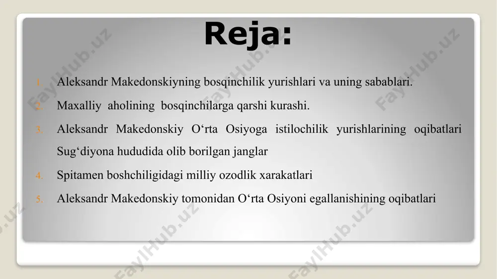 utarx (mil. 46-127-yillar), klavdiy ptolemeylar (ii asr) o‘z hikoyalarini hamda pliniy (ii asr) «tabiiy tarix» nomli kitobini yaratishdi.aleksandr yurishlari haqida keng va to`iq ma’lumotlar rimlik kvint kursiy ruf va yunon arrian asarlarida saqlangan arrian (mil. 90/95-175-yillar) «aleksandr anabasisi» degan asarning muallifidir. anabasis — bu «davlat ichkarisiga dengizdan uzoqlashgan harbiy yurish» yoki «aleksandr yurishlari» deb tarjima qilinadi. kursiy ruf (mil. aw. i asming oxiri - mil. i asrning ocrtalari) «makedoniyalik aleksandr tarixi» nomli kitobni yaratgan. biroq arrianga nisbatan uning hikoyalarida badiiy to‘qimalar ko‘p uchraydi. jahongir yangi tipdagi otliq qo‘shin tuzdi, unda jangovor intizom tartib-qoidalarini ishlab chiqdi. jang qilish usullarini ishlab chiqdi. u tezlik, qat’iylikni jangdagi g‘alabani ta’minlaydigan omillardan deb tushundi. mavjud imkoniyatlarni to‘g‘ri tahlil qilish, unga to‘g‘ri baho bera bilish, dushmanni yaxshi o‘rganish zarurligini jang qilishning asosi deb bildi. aleksandar axamoniylarga qarshi yurish uchun 2 yil tayyorgarlik ko‘rgan. makedonlar armiyasining asosiy qismini og‘ir urollangan otliq qo‘shin tashkil etgan. lekin ular sekin …