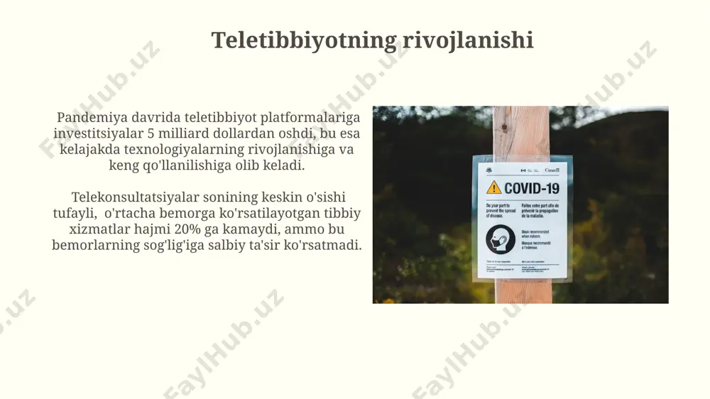 k. pandemiya davrida zaiflashgan kichik va o'rta biznesni qo'llab-quvvatlash uchun kamida 10 milliard so'm miqdorida subsidiyalar ajratish rejalashtirilgan. iqtisodiyotga taʼsiri kichik va o'rta biznes korxonalari (kkb) pandemiyaning iqtisodiy ta'siridan eng ko'p zarar ko'rdi, ulardan 20 foizi faoliyatini to'xtatgan. covid-19 pandemiyasi tufayli jahon yalpi ichki mahsuloti (yaim) 2020-yilda taxminan 3,5% ga kamaygan, bu buyuk depressiyadagi pasayishdan keyingi eng keskin qisqarish hisoblanadi. atrofdagi muhitga taʼsiri covid-19 pandemiyasi davrida atrof-muhit ifloslanishining 20-30% ga kamayishi kuzatildi, ammo bu vaqtinchalik hodisa edi, chunki sanoat faoliyati qayta tiklangandan so'ng ifloslanish darajasi yana oshdi. pandemiya davrida plastik chiqindilarning miqdori sezilarli darajada oshdi – 30% ga yaqin, bu esa oziq-ovqat yetkazib berish xizmatlarining keng qo'llanilishi bilan bog'liq. psixologik taʼsirlar pandemiya davrida sog'liqni saqlash xodimlarining 40% dan ortig'i yuqori darajadagi stress va professional burnout sindromidan aziyat chekishgan, bu esa ularning kasbiy faoliyatiga salbiy taʼsir ko'rsatdi. covid-19 pandemiyasi tufayli 30% ga yaqin kattalar tashvish va depressiya kabi ruhiy salomatlik muammolarini …