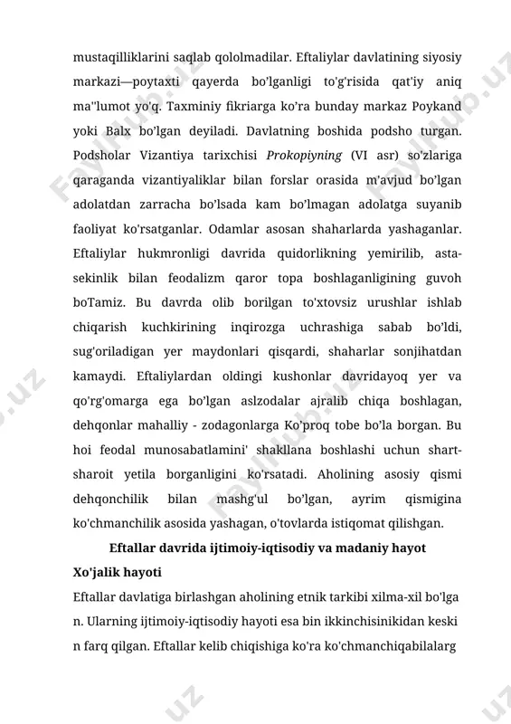 o va zarafshon vodiylarida g'alladan tashqari sholi ham yetishtirilar edi. xitoymanbalarida qayd etilishicha, v-vi asrlarda sharqiy turkiston va o'rta osiyo yerlarida paxta ekilgan. uning tolasidan oppoq va nihoyatda mayin mato to'qilgan. xitoy bozorlarida bundaymatoga talab katta bo'lgan. chunki o'sha davrlarda xitoy da paxta hali ekilmas edi. aholining dashtliklarda yashovchi yarim ko'chmanchi qismi chorvachilik, xususan qoramol va qo'y-echkilar boqish, tuyachilik, tog'li va tog'oldi mintaqalarida esa yilqichilik bilanshug'ullanishgan. farg'ona vodiysi hamon zotli arg'umoqlari bilan mashhur edi. yer egaligi ziroatkor yerlarning kattagina qismi hali ham qishloq jamoalari tasarrufida bo'lsada, ammo mamlakatdagi yer maydonlarining ma'lum bir qismi dehqonlar qo'lida va ibodatxonalar ixtiyoridabo'lgan. burring natijasida qishloq jamoasining kashovarz — erkin qo'shchilari ma'lum darajada dehqonlarga tobe bo'lib, ularga qaram kadivarlarga aylana borgan. yaylovlarning asosiy qismi esa qabila va urug' jamoalari hamda ularrring oqsoqollari — xvabulari tasarrufida edi. hozirgi vaqtda ham toshkent vohasi va janubiy qozog'iston yerlarining birqismini suv bilan ta'minlab turgan zog'ariq (zovariq) va bo'zsuv, samarqand …