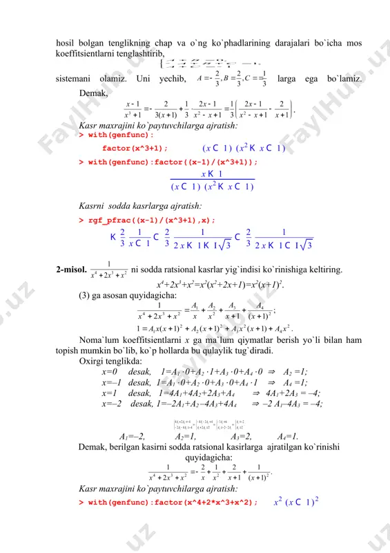2,x,4); > k:=solve({kp0,kp1,kp2,kp3,kp4},{a1,a2,a3,a4,a5}); > a1:=0; a4:=-2/3; a3:=2/3; a5:=-2/3; a2:=1;y1(x); > int(y1(x),x); topilgan koeffitsientlar asosida berilgan kasirni sodda kasirlarga ajratilgan ko`rinishin yozamiz: bebosita sodda kasirlarga ajratish: > factor(x^5+x^2); > with(genfunc): rgf_pfrac((x^6+1)/(x^5+x^2), x); > int((x^6+1)/(x^5+x^2), x)=int((x^6+1)/(x^5+x^2),x); ba`zi bir trigonometrik ifodalarni integrallash 1. integralda r o`z argumentlarining ratsional funksiyasi bo`lsin. u holda, bu integralda umumiy trigonometrik almashtirish deb ataluvchi almashtirish yordamida ratsional funksiya integraliga kelinadi. haqiqatdan ham, ekanligini e`tiborga olsak, , bu yerda - ratsional funksiya. 1-misol. bu almashtirish yordamida integrallar jadvalidagi 16-formulani keltirib chiqarish mumkin: 17-formula esa ekanligidan va 16-formuladan kelib chiqadi. 2-misol. integralni toping. 1) o`zgaruvchini almashtirish yordamida integralni topish. > restart; > with(student): ia13:=changevar(x=2*arctan(t),int(1/(1+sin(x)+cos(x)),x),t); > ia13:=value(%); > ia13:=changevar(t=tan(x/2), (ia13, t),x); 2) bevosita integrallash. > restart; > int(1/(1+sin(x)+cos(x)),x)=int(1/(1+sin(x)+cos(x)),x); shape \* mergeformat 2. = , r sinx ga nisbatan toq ratsional funksiya. bu yerda ham umumiy almashtirishdan yoki qulayroq bo`lgan cosx=t dan foydalanish mumkin. 3-misol. bu integral sinx ga nisbatan toq: = …