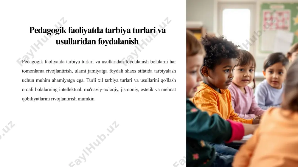 qiziqishni rivojlantirish, ijodkorlikni rag'batlantirish, musiqa, raqs va tasviriy san'atga qiziqishni shakllantirish. vosita musiqa, raqs, tasviriy san'at, teatr, kino, adabiyot, tabiat go'zalligini kuzatish. usullari musiqa tinglash, raqsga tushish, rasm chizish, haykaltaroshlik, teatr va kino tomoshalarini tomosha qilish, tabiat go'zalligini kuzatish. 6 intellektual tarbiya maqsad bolalarning aqliy qobiliyatlarini rivojlantirish, bilim olishlari va mulohaza yuritish qobiliyatlarini oshirish, bilimlarga bo'lgan qiziqishni shakllantirish. vosita ta'lim, bilim olish, o'qish, kitob o'qish, savol-javob, mantiqiy o'yinlar, muammolarni hal qilish. usullari ta'lim darslari, mustaqil o'qish, savol-javoblar, muhokamalar, guruhli ishlar, mantiqiy o'yinlar. 7 mehnat tarbiyasi maqsad mehnatga bo'lgan muhabbatni shakllantirish, mehnat qilish qobiliyatini rivojlantirish, mas'uliyatni his qilish, intizomli bo'lish. vosita uy ishlari, bog'dorchilik, hunarmandchilik, ijtimoiy foydali mehnat. usullari uy ishlarini bajarish, bog'dorchilik bilan shug'ullanish, hunarmandchilik bilan shug'ullanish, ijtimoiy foydali mehnatda ishtirok etish. 8 ekologik tarbiya maqsad tabiatga hurmatni shakllantirish, atrof-muhitni muhofaza qilishga qiziqishni rivojlantirish, ekologik madaniyatni shakllantirish. vosita tabiatni kuzatish, o'simliklarni o'stirish, hayvonlarga g'amxo'rlik qilish, atrof-muhitni tozalash, chiqindilarni to'g'ri tashkil …