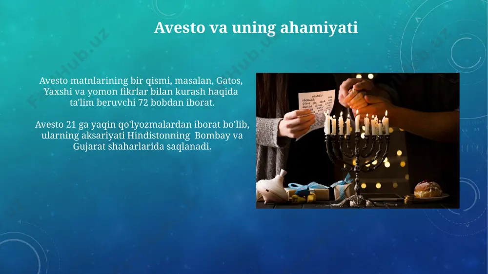 g saqlanishi va uni himoya qilish uchun 12 ta maxsus tanlangan kishi, yoki dasturxon yordamchilari, yezd shahridagi axtor ibodatxonasi kabi muqaddas joylarda xizmat qilishadi. sadra va suv bilan tozalash marosimi yezd shahri yaqinidagi 5 ta muqaddas olovga ziyorat qilishdan keyin, “sadra va suv bilan tozalash marosimi”ni bajarish mumkin boʻlib, bu esa poklanish marosimining samaradorligini oshiradi. ushbu marosimda 7 ta bosqich mavjud boʻlib, har bir bosqichda maxsus ibodatlar oʻqiladi va 21 ta soʻzdan iborat muqaddas formulalar takrorlanadi, bu esa tozalovchi kuchning kuchayishiga olib keladi. amesha spentaslar amesha spentalar zoroastrianizmning muqaddas matnlari – avestoda muhim o‘rin egallaydi va ularning har biri 7 ta xususiyat bilan ifodalanadi, bu 7 xususiyat esa insonlarning ma’naviy rivojlanishiga yo‘l ochuvchi asosiy tamoyillardir. zamonaviy davrda amesha spentalar tasvirlari, 20-asrning oxiri va 21-asr boshlarida dunyoning turli burchaklarida, jumladan hindiston va shimoliy amerikada qurilgan zoroastrian ibodatxonalarida topish mumkin. ruhoniylar va ularning roli руҳонийларнинг асосий вазифаларига 3 та муқаддас оловни сақлаш, …