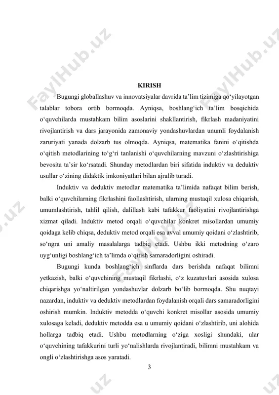rslarida induktiv va deduktiv metodlarning mazmuni, ularni qo‘llash usullari va samaradorlik darajasidir. kurs ishining maqsadi – boshlang‘ich sinflarda matematika darslarini tashkil etishda induktiv va deduktiv metodlardan foydalanishning nazariy va amaliy asoslarini chuqur o‘rganish, ularning ta’lim samaradorligiga ta’sirini tahlil qilish, zamonaviy dars dizaynida qo‘llash yo‘llarini aniqlash. kurs ishining vazifalari quyidagilardan iborat: 1. boshlang‘ich sinflarda matematika ta’limining mazmuni va metodik asoslarini tahlil qilish; 2. induktiv va deduktiv metodlarning nazariy asoslarini o‘rganish; 3. dars jarayonida ushbu metodlarni qo‘llash usullarini ko‘rsatish; 4. har ikki metodning afzallik va kamchiliklarini taqqoslash; 5. amaliy mashg‘ulotlar va misollar orqali bu metodlarning o‘quvchilarga ta’sirini aniqlash; 6. o‘qituvchilar uchun amaliy tavsiyalar ishlab chiqish. kurs ishining tuzilishi - ushbu ilmiy ish kirish, ikki asosiy bob, xulosa, foydalanilgan adabiyotlar ro‘yxati va ilovalardan iborat. i bob. boshlang‘ich ta’limda matematik tafakkurni shakllantirish va metodlar mohiyati 1.1. boshlang‘ich sinfda matematik bilimlar asosini shakllantirishning didaktik tamoyillari boshlang‘ich sinfda matematik bilimlarni shakllantirishda izchillik va tizimlilik tamoyilining ahamiyati …