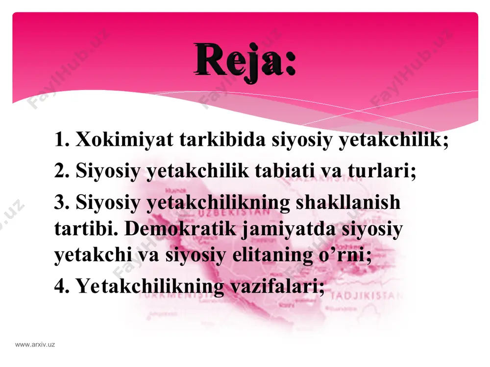 o’z xukmronligini saqlash uchun xar qanday vositalardan foydalanuvchi podshox. masalan, „milliy davlatni qurish va mustaxkamlashda davlat boshlig’i sherdek dovyurak, tulkidek ayyor bo’lishi, agar pirovard maqsadga foydali bo’lsa, o’z vahdalarini bajarmasligi xam mumkin, chunki yuksak natijalar xuddi shunday yo’l tutgan knyazlarga nasib etgan"2 kabi makiavelli tomonidan ishlab chiqilgan, ayyorlik va kuchni moxirona birlashtirishni taqozo etuvchi g’arbona mentalitet aks etgan amaliy maslaxatlar kromvelg’, napo­leon va boshqa ko’plab yevropalik siyosatchilar tomonidan yuqori baxolangan. www.arxiv.uz www.arxiv.uz yetakchilikning ta’riflari yetakchi — yo’l ko’rsatuvchi mahnosini anglatadi. yetakchi boshqalarga tahsir eta olish, muayyan maqsadlarga erishish uchun ularning birgalikdagi faoliyatlarini tashkil eta olish qobiliyatita ega bo’ladi.. yetakchilik — bu boshqaruvchanlik maqomi, qarorlar qabul qilish bilan bog’liq bo’lgan ijtimoiy pozitsiyadir. siyosiy yetakchilik — bu siyosat bozorida amalga oshiriladigan maxsus tadbirkorlik shaklidir. bunda siyosiy tadbirkor, yahni yetakchilikka dahvogar shaxs raqobat kurashida ijtimoiy vazifalarni xal etishga oid dasturini raxbarlik amaliga almashtiradi. siyosiy yetakchilik siyosiy faoliyat turi bo’lib, u ikki tomonning o’zaro …