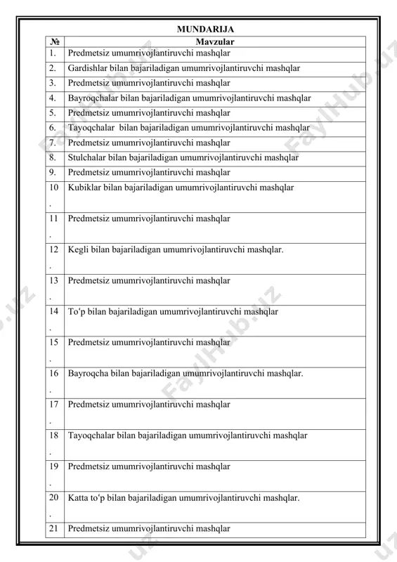 yon tomondan yuqoriga ko‘tarsh; 2 - dastlabki holatta qaytish. shuning o‘zini chapga qadam tashlab bajarish (3-4 marta). 2. d.h.; oyoqlar elka kengligida, qo‘llar belda, 1 - o‘ngga egilib, chap qo‘lni bosh orqasiga uzatish; 2 - dastlabki holatga qaytish. shuning o‘zini chap tomonga egilib bajarish (4- 6 marta). 3. d, h: tik turish, ko‘llar belda. 1-2 - cho‘qqayib, ko‘llarnn oldinga uzatish; 3-4- dastlabki xolatga qaytish (6 marta). iii.yakuniy qism: buben sadolari ostida yurish va engilgina yugurish. nafas mashqlarini bajarish. qanotlardir bizlarda, qo‘llarimiz o‘rniga. qanotlarni keng ochib, biz uchamiz samoga. burundan nafas olish, og‘izdan chiqarish. burundan nafas olish, og‘izdan bo‘lib- bo‘lib nafas chiqarish. burundan nafas olish, og‘izdan unli tovushlarni aytib nafas chiqarish. o-o-o, u-u-u. sentyabr №2 (gardish bilan) i.kirish uyg‘oninglar bolalar, qani tezda bo‘linglar. sog‘lom, tetik bo‘lgani, olg‘a tashlab yurgani. gimnastika qilamiz, birga o‘ynab qulamiz. yurish. buben sadolari ostida yurish: oyoq uchida yurish, tovonda yurish, ilon izi bo‘lib yurish, yurishdan asta-sekin yugirishga …