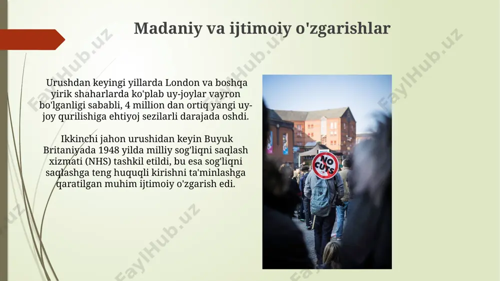 urslarining qayta taqsimlanishini ko'rsatadi. sog'liqni saqlash tizimi nhsning ta'sis etilishi natijasida buyuk britaniyada 1948 yildan keyin bolalar o'limi ko'rsatkichi sezilarli darajada kamaydi, bu esa 1000 tug'ilgan chaqaloqqa nisbatan o'lim darajasini 30 dan kamroqqa tushirdi. ikkinchi jahon urushidan keyin buyuk britaniyada sog'liqni saqlash tizimining asosiy muammosi 1948 yilda milliy sog'liqni saqlash xizmati (nhs) tashkil etilgunga qadar mavjud bo'lgan keng tarqalgan kasalxonalar va shifokorlarning yetishmasligi edi, bu esa millionlab odamlar uchun tibbiy yordamga kirishni cheklab qo'ydi. yashirin iqtisodiyot va qora bozor ikkinchi jahon urushidan keyin buyuk britaniyada qora bozor oziq-ovqat mahsulotlari, ayniqsa, london va manchester kabi yirik shaharlarda, rasmiy narxlarning 500% gacha yuqori narxlarda faoliyat yuritgan. urushdan keyingi britaniyaning yashirin iqtisodiyoti, qora bozor orqali, rasmiy statistikaning 15-20%ini tashkil qilib, davlat byudjeti va soliq tizimidan chetda qolgan katta daromadlarni o'z ichiga olgan. qashshoqlik va tengsizlik urushdan keyingi davrda sinfiy tengsizlik keskinlashdi, boylikning 10%i aholining atigi 1% qo'lida jamlangan bo'lib, bu mintaqaviy farqlarni yanada …
