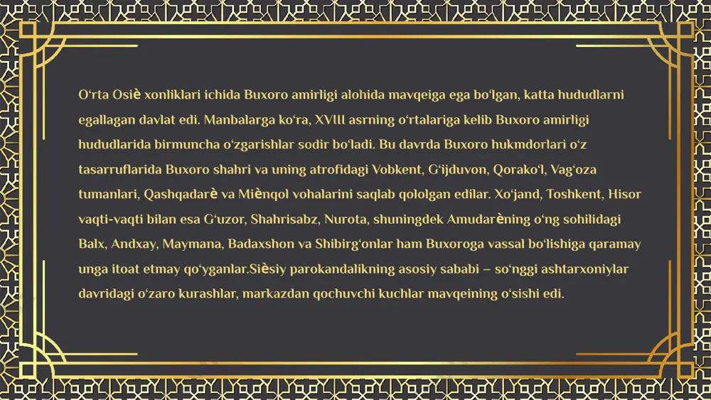 mirligi aholisning xo‘jalik yuritish bo‘yicha taqsimoti aholining xo‘jalik yuritish tarzi aholi soni foizda dehqonchilik va chorvachilik 1.830.254 85.0 hunarmandchilik va savdo 215.324 10.0 doimiy xo‘jalik ish yuritishga ega bo‘lmaganlar 107.662 5.0 jami 2.153.240 100.0 buxoro amirligi aholisining etnik tarkibi etnik guruhlar jami aholiga nisbatan foiz hisobida aholi soni turkiy xalqlar 85.0 1.830.254 eroniy xalqlar 12.0 258.389 boshqa elatlar 3.0 64.597 jami 100.0 2.153.240 xiva xonligi markaziy osiyo ayniqsa o’zbek xalqi tarixida xonliklar davri alohida o’rin tutadi. ko’p ming yillik o’zbek xalqi tarixida bu davr o’zining muddati bilanginaemas, balki, shu davrda xalqimizning ijtimoiy-siyosiy hayotida yuz bergan judakatta voqealar bilan ham ajralib turadi.temur vafotidan so’ng temuriy shahzodalar o’rtasida boshlanib ketgan to’xtovsiz urushlar sohibqiron ne mashaqqatlar bilan bunyod etgan qudratli davlatni parchalanib ketishiga sabab bo’ldi. asta-sekin bu qudratli davlat tarkibidan qator davlatlar va mulklar ajralib chiqib ketdi. xorazmdan astrobodgacha keng hududda joylashgan turkmanlar birinchilardan bo’lib temuriylar davlatidan ajralib chiqdilar xuddi shu vaqtda farg’ona …