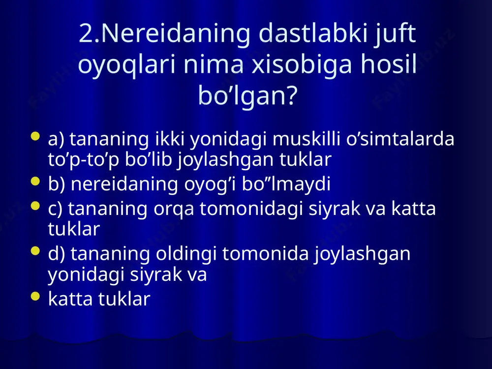 b hisoblanadi? 1.terisi; 2.muskullari; 3.ichaklari; 4.tukchalari; 5.paypaslagichlari; 6.ko’zachalari a) 2,3,6 b) 1,4,6 c) 2,1,3 d) 1,5,6 22.noqulay sharoitda oq planariya... a) jinsiy ko’payadi b) ikkiga bo’linadi c) mayda bo’laklarga bo’linadi d) spora hosil qiladi. 23.planariya qaysi payitda mayda bo’laklarga bo’linib ketishi mumkin? a) jinsiy yo’l bilan ko’paygandan keyin b) noqulay sharoit vujudga kelganda c) baxorda,kunlar isiy boshlaganda d) yozda,oziq,moddalar yetarli bo’lganda 24.qaysi hayvonlarning ichaklari shoxlangan bo’lib,uchi berk bo’ladi? 1. askarida 2.ostrisa 3.jigar qurti 4.planariya 5.exinokokk 6.mushuk ikki so’rgichlisi. a) 1,3,5 b) 2,3,6 c) 3,4,6 d) 3,5,6 25.qaysi hayvonlar guruhida birinchi marta to’qima va a’zolar hosil bo’lgan? a) bo’shliqichlilar b) halqali chuvalchanglar c) yumaloq chuvalchanglar d) yassi chuvalchanglar 26.yassi chuvalchanglar ichida eng qadimgisi berilgan javobni toping. a) kiprikli chuvalchanglar b) ichaksiz kiprikli chuvalchanglar c) so’rg’ichlilar d) tasmasimon chuvalchanglar 27.odamlarning ichagida parazitlik qiladigan organizmlarni ko’rsating. a) askarida,bolalar gijjasi,exinokokk b) ichak ichburug’i,leyshmaniya,askarida c) cho’chqa tizmasi,mushuk ikki so’rg’ichi,ichak ichburug’i d) exinokokk,askarida,bezgak paraziti 28.”tanasida halqasimon …