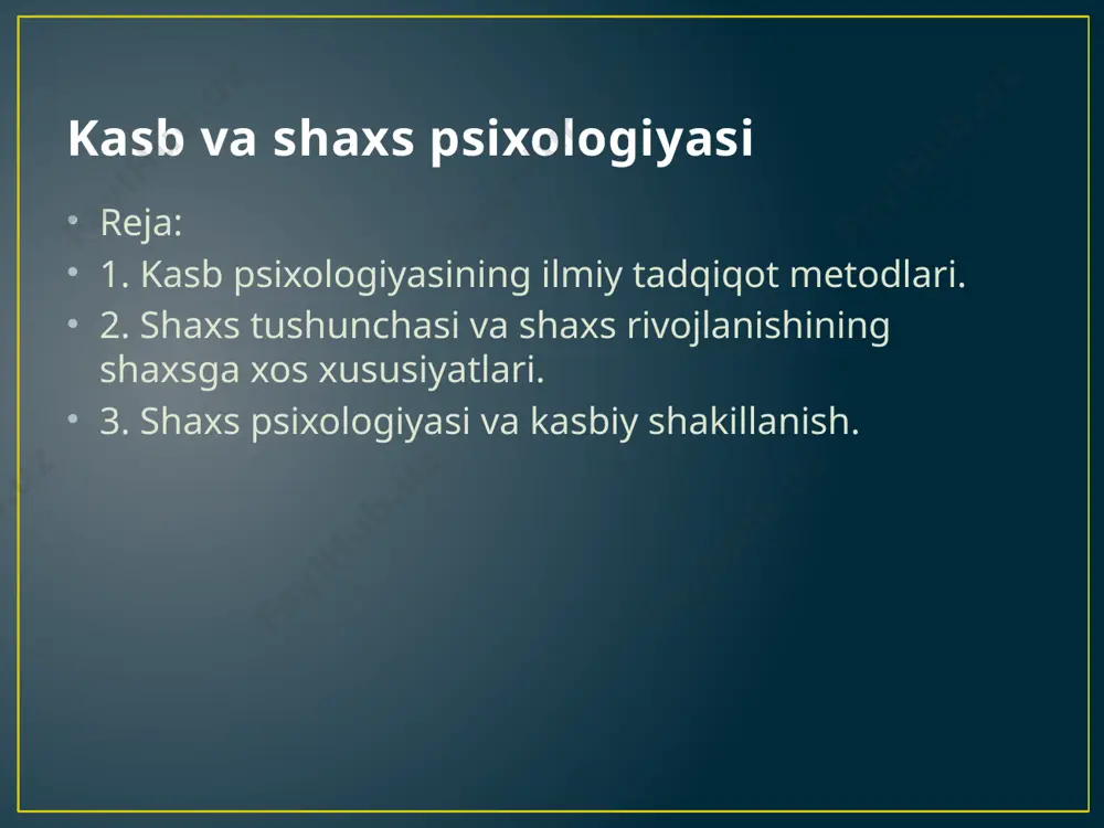 rini o‘rganadi. psixometriyaning muhim belgisi psixik jarayonlarning individual farqlar, empirik dalillar dinamikasini, parametrlarini o‘lchash texnologiyasining standartlashganligidir. psixometriya ishonchliligi bilan ajralib turuvchi psixodiagnostik metodikalarini yaratishga yo‘naltirilgan. psixometrik usullar tarkibiga psixologik test ham kiradi. esperiment-tajriba sinov usullari eksperiment usuli - psixologik reallik mexanizmi va qonuniyatlarini o‘rganish bo‘yicha asosiy metod hisoblanadi. uning asosiy mohiyati nazorat qilinadigan va boshqariladigan sharoitlarda yangi ilmiy bilimlarni olishga qaratilgan. eksperimentning asosiy nomutaxassislik vazifasi - sabab-natija aloqalarini o‘rganish va psixologik jaryonlar va hodisalarni tushuntirishdan iborat .rivojlanishning yosh va olgan anatomik, fiziologik (jismoniy) va psixologik xususiyatlar yosh xususiyatlari deb ataladi. ana shu yosh xususiyatlarni hisobga olgan holda tasiri kuchli bolgan anatomik, fiziologik (jismoniy) va psixologik xususiyatlar yosh xususiyatlari deb ataladi "shaxs" tushunchasi va shaxs rivojlanishining oshaxsziga xos xususiyatlari. shaxs rivojlanishi. odamning ijtimoiy mavjudot sifatida shaxsga aylanishi uchun ijtimoiy muhit sharoitlari va tarbiya kerak bosirida odam inson sifatida rivojlanib boradi va shaxsga aylanadi rivojlanish shaxsning fiziologik va intellektual oladigan miqdor va …