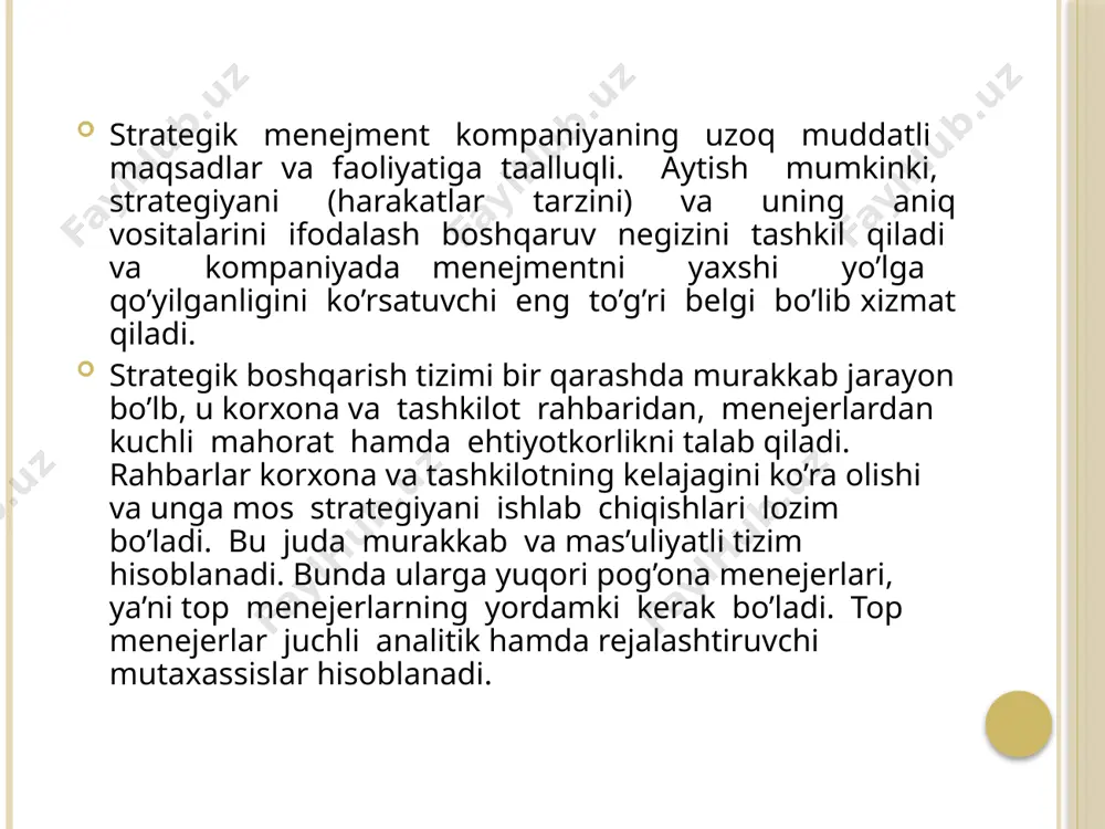 `zosi – oddiy ishchidan to birinchi rahbargacha korxonada belgilangan qonun -qoidalarga asosan o`z vazifa va majburiyatlarini bajarishi, ikkinchidan, mansabdor shaxslar, bo`linma va xizmatlar o`rtasidagi o`zaro bo`ysinishning ta`minlanishi, uchinchidan esa, boshqaruvni tashkil qilishda chuqur bilimga ega xodimlarni tanlash va samaradorlik ta`minlanishi lozim. ma`lumki, har bir shaxs o`ziga yarasha alohida hususiyatlarga ega bo`ladi. agar rahbar xodim, mutaxassis o`z salohiyatini to`liq ochib berishini istasa boshqaruv jarayonida har bir shaxsga o`ziga xos yondashishi zarur. inson tabiatini yaxshi bilmagan rahbar muvaffaqiyatga umid qilishi qiyin, tashkiliy reja esa qog`ozda qolib ketadi. tajribalarning ko`rsatishicha, ko`plab qo`l ostidagi xodimlar faoliyati ko`p jihatdan rahbariyat bilan munosabatlar xarakteriga bog`liq bo`ladi. aynan rahbariyat kimning nima i sh qilishi va kim nima uchun javobgar bo`lishini belgilab beradi. boshqaruv san`atidan yaxshi xabardor bo`lish rahbariyatning turli xil ichki va tashqi vaziyat omillarini oldindan ko `ra bilish qobiliyatini anglatadi. bu jarayonning asosini rejada kutilayotgan natijalarni beradigan darajada odamlar faoliyati va ishni tashkil qilish hisoblanadi. bu …